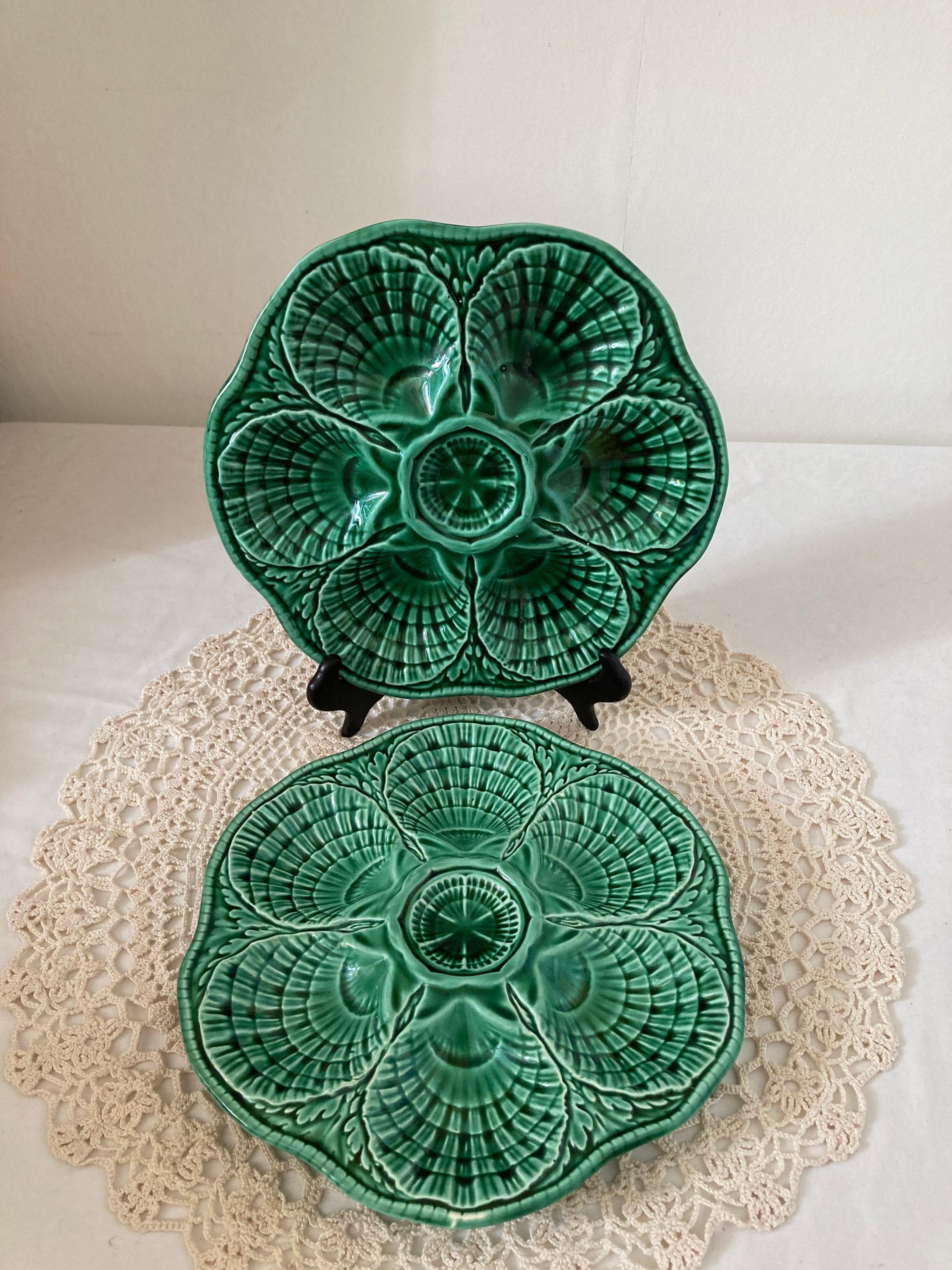 Paire de Français Vintage Digoin et Sarreguemines Assiettes à Huîtres Plateau Service Espace Pour 6 