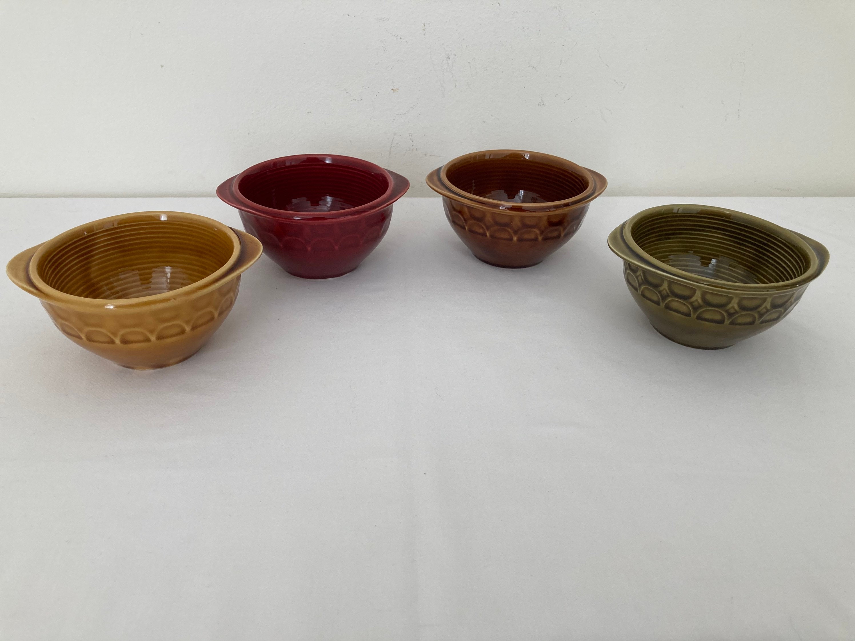 Lovely Set Of 4 Assorted Colour Français Vintage Sarreguemines Mid Century Bowls Soup Tapas Dish Fon