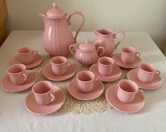Gorgeous French Vintage Salins les Bains Coffee Espresso Service, Coffee Pot, Milk Jug Sugar Bowl 9 Cups and Saucers Baby Pink Candy Floss