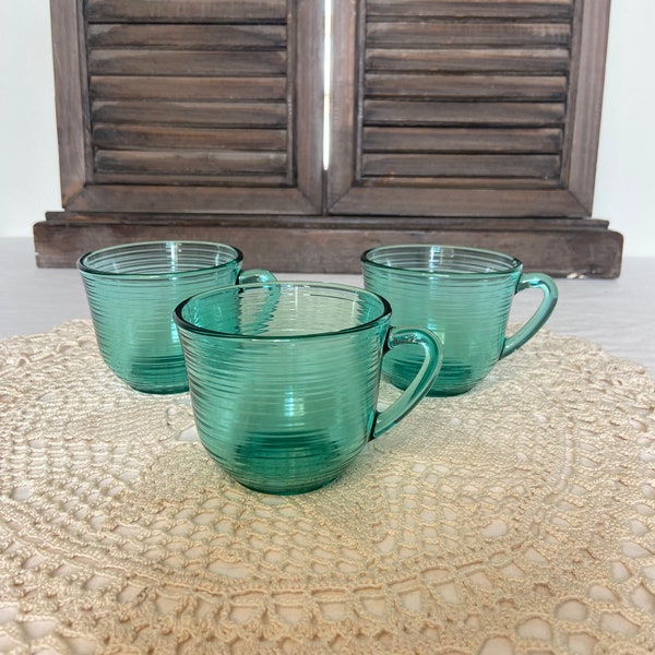 Beautiful Retro 1970s Arcoroc / Luminarc Set of 3 Glass Aqua Turquoise Swirl Glass Large Tea Cups or Coffee Cups French Vintage