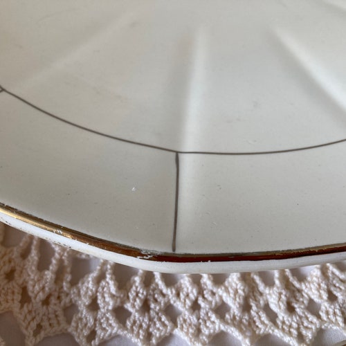 French Vintage shops Art Deco Sarreguemines Cake Service Plates Large Serving plate and 5 Cake Plates Cream with Gold Trim