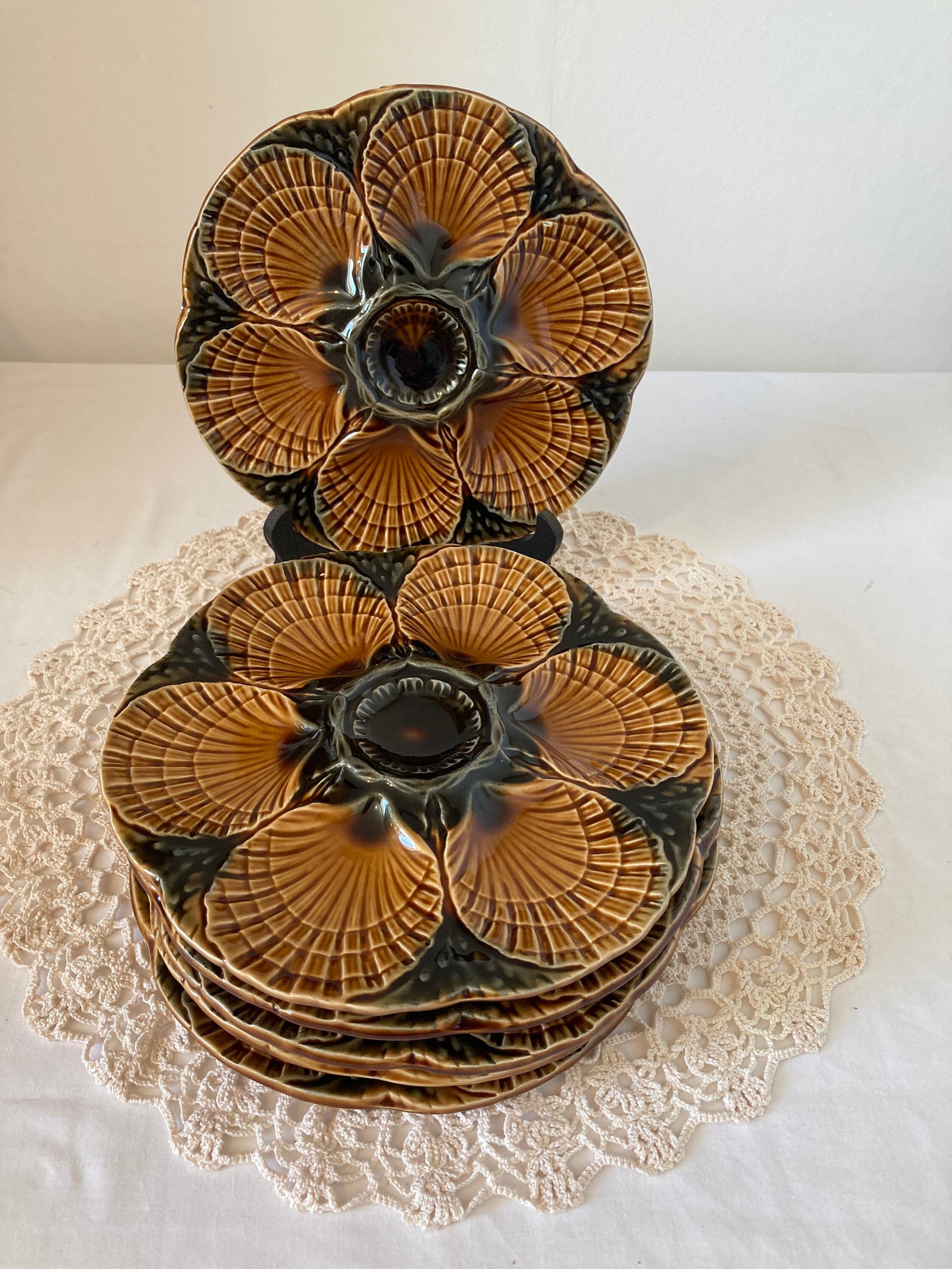 Ensemble de 6 Français Vintage Digoin et Sarreguemines Oyster Plates Serving Platter Space Pour Huît