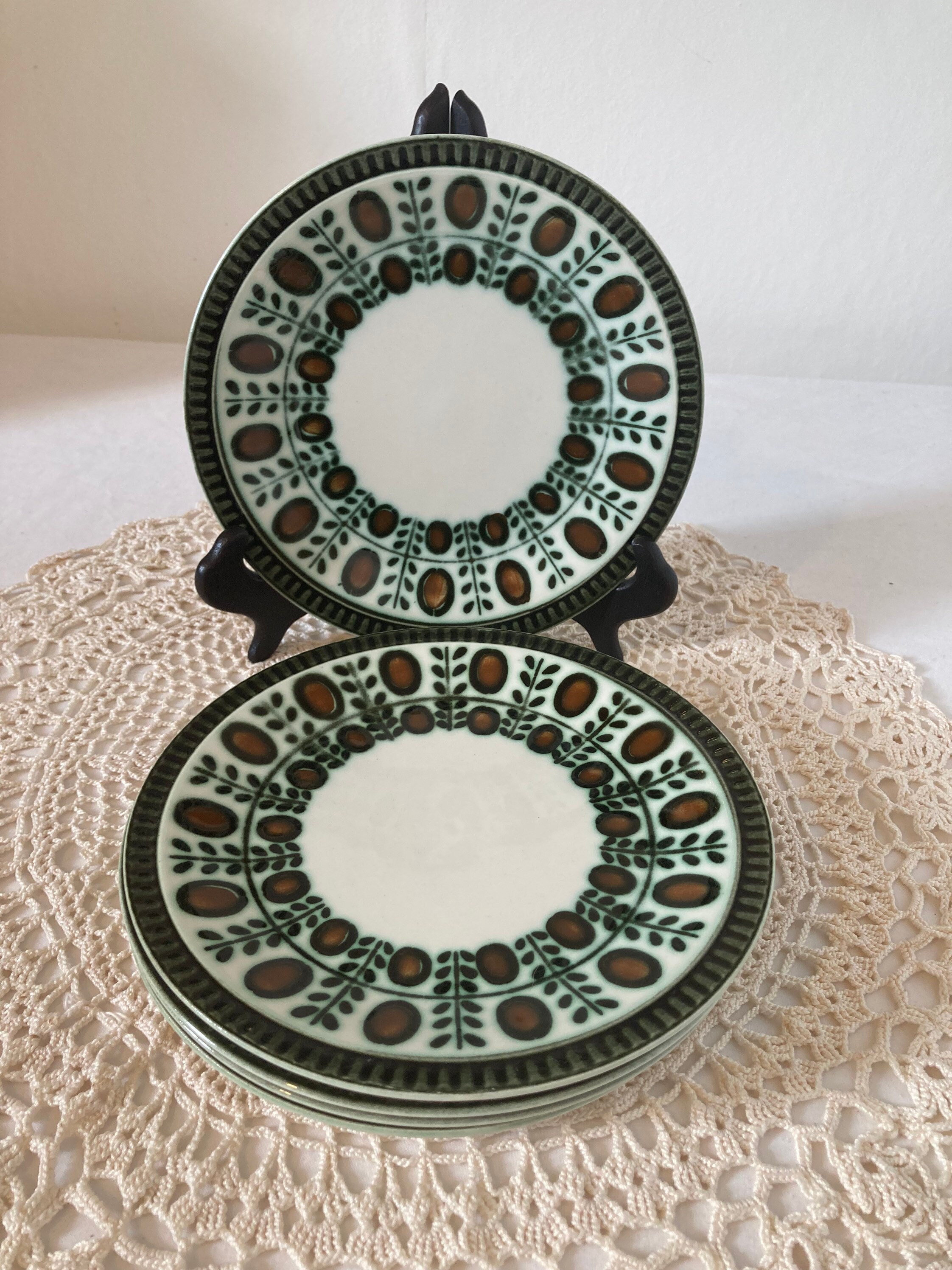 Superbe Vintage Boch Belgium Set de 5 Plaques Latérales Assiettes à Gâteaux 1963 Vert et Brun Transf