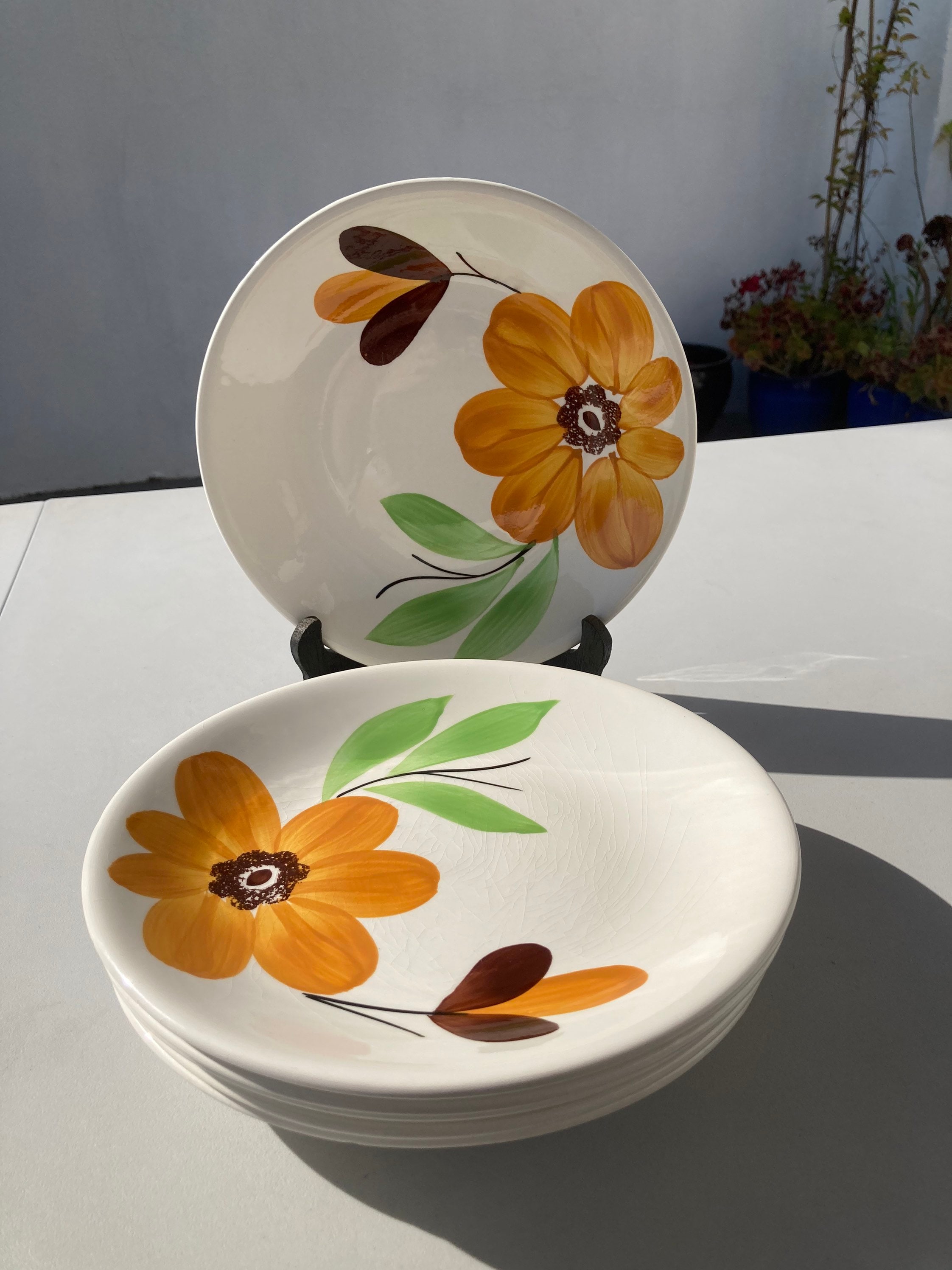 Français Vintage Gien Ensemble de Six Assiettes Peintes à La Main Orange Flower Design Glacé Des Ann