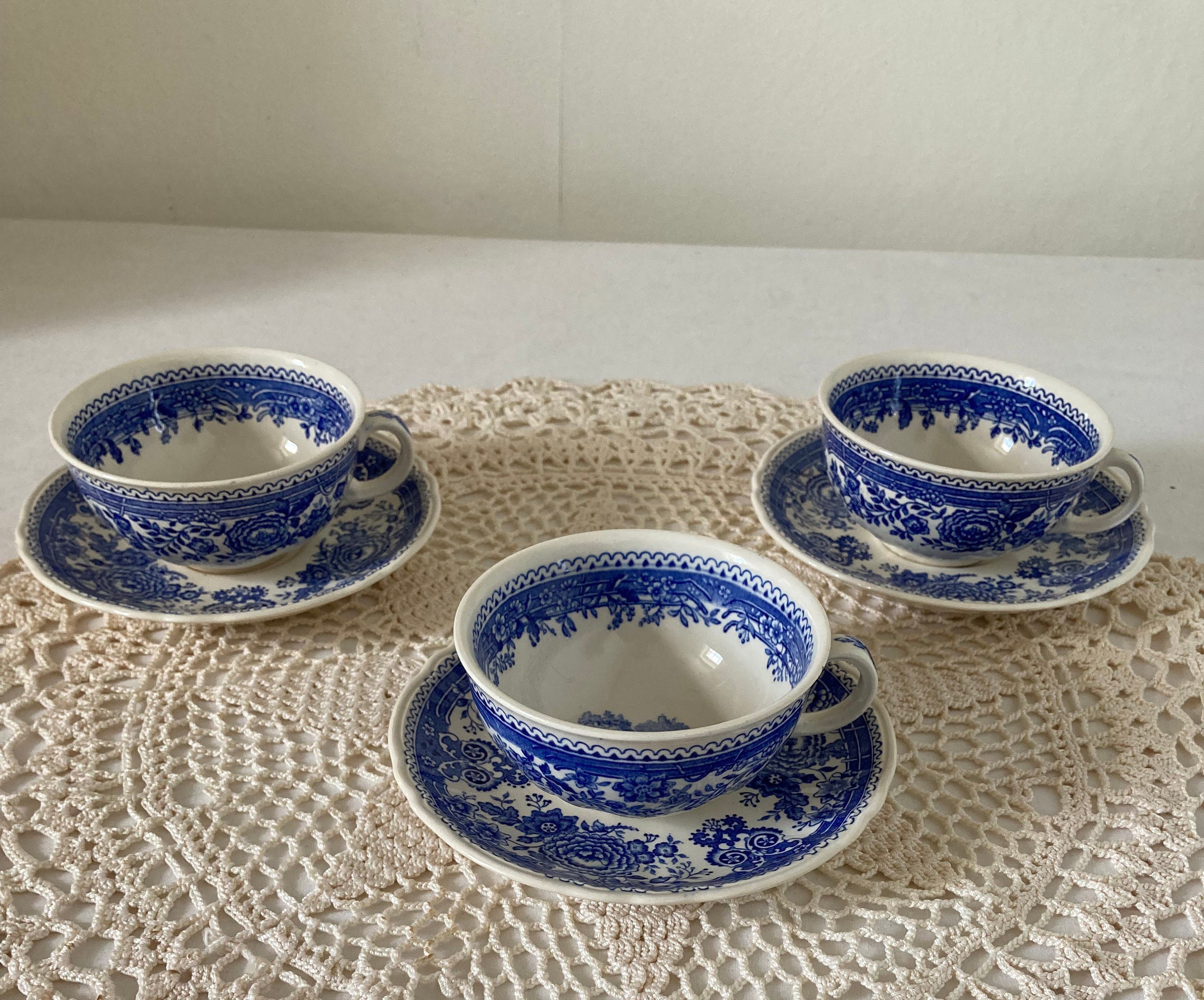 Superbe Ensemble de 3 Tasses et Soucoupes Villeroy Boch Burgenland Vintage Blue & Cream Country Faie