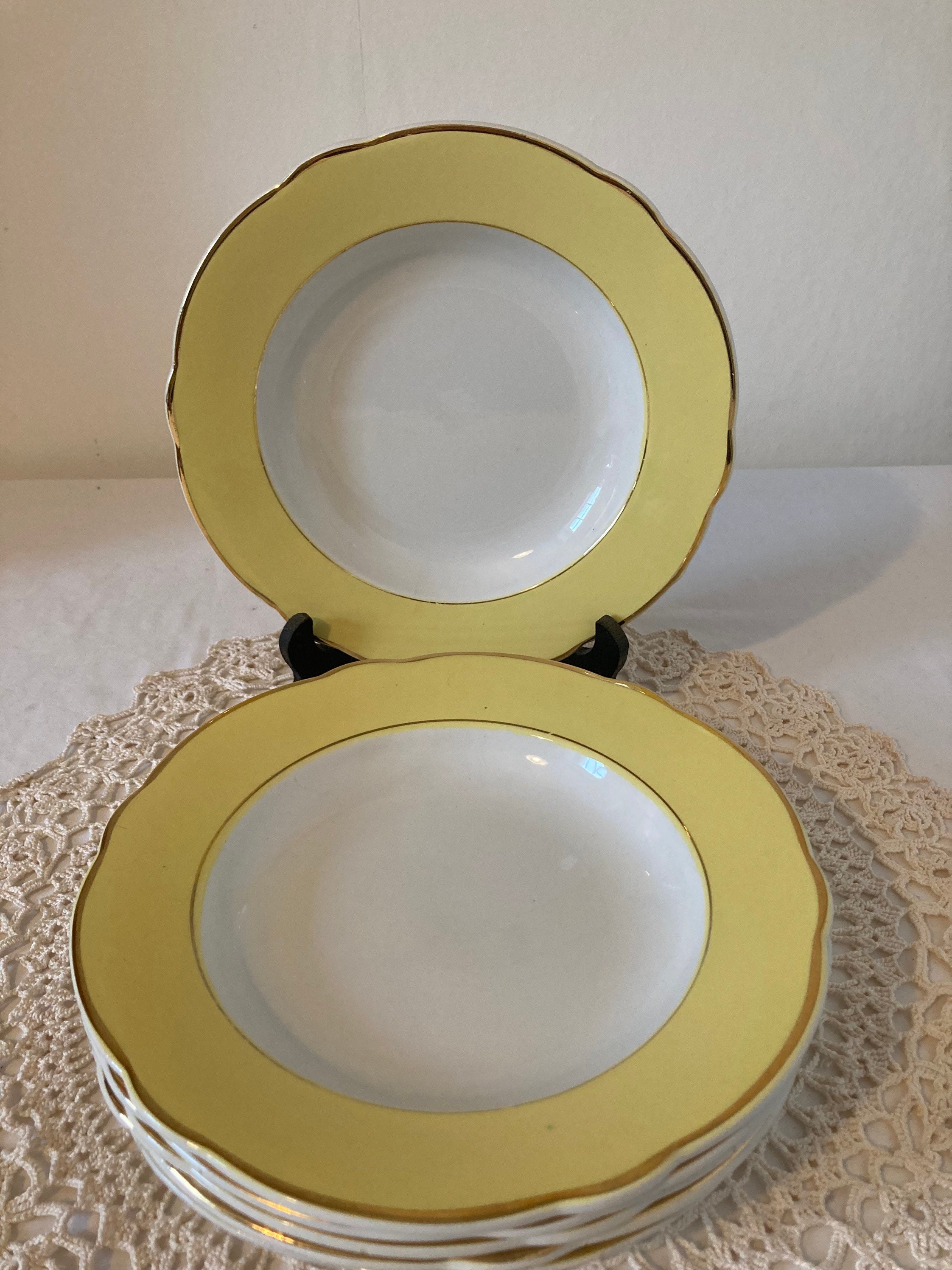 Superbe Antique Français Kg Luneville Ironstone Jonquille Ensemble de 6 Bols Dîner Deep Plates Yello