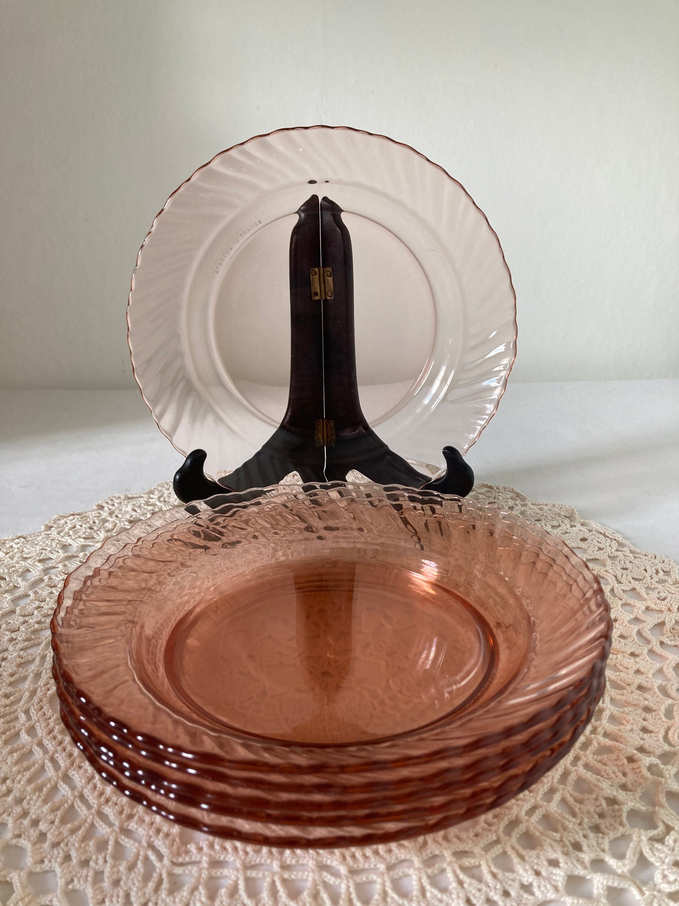 Français Vintage Set de 6 Arcoroc Rosaline Swirl Deep Dinner Plate Buddha Bowls Soupe Pink Glass 197