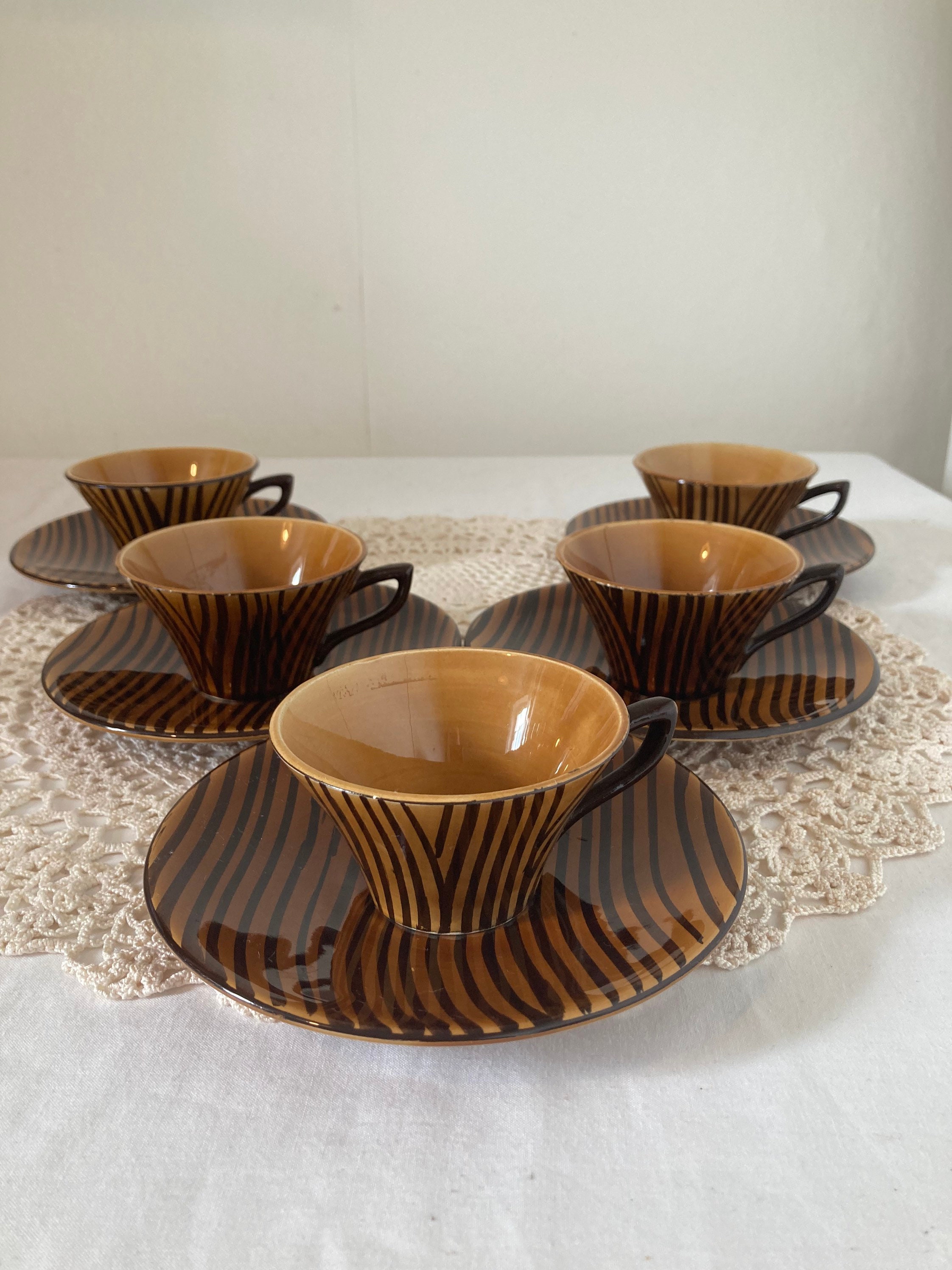 Superbe Set de 5 Français Vintage Digoin Sarreguemines Domino' Tasses et Soucoupes Marron Ambre Rayu