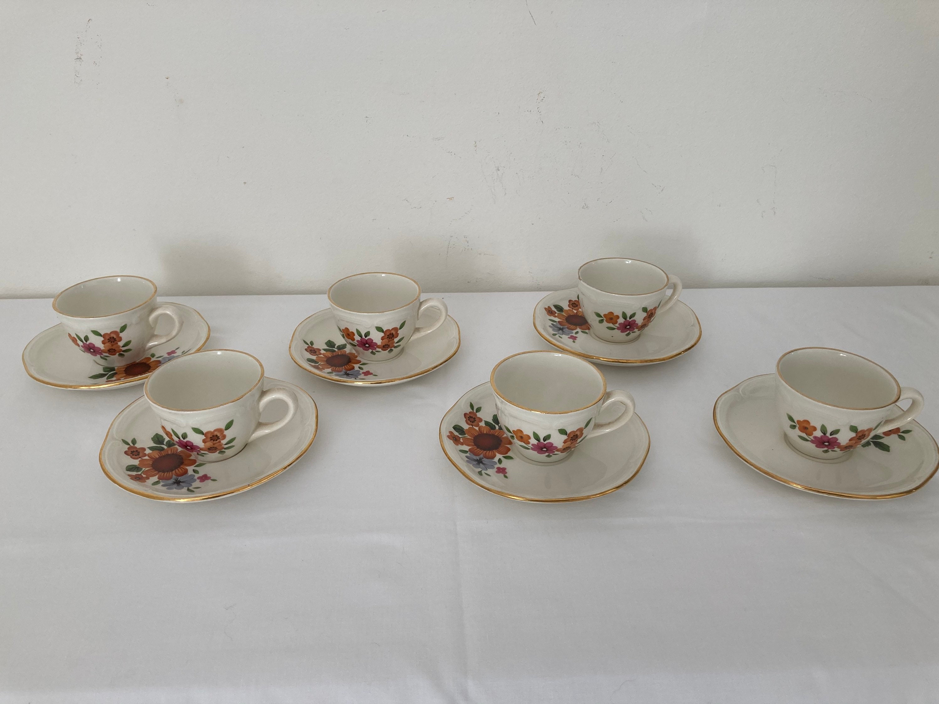 Superbe Français Vintage Gien Set de 6 Tasses et Soucoupes Crème Aux Fleurs Orange Jaune