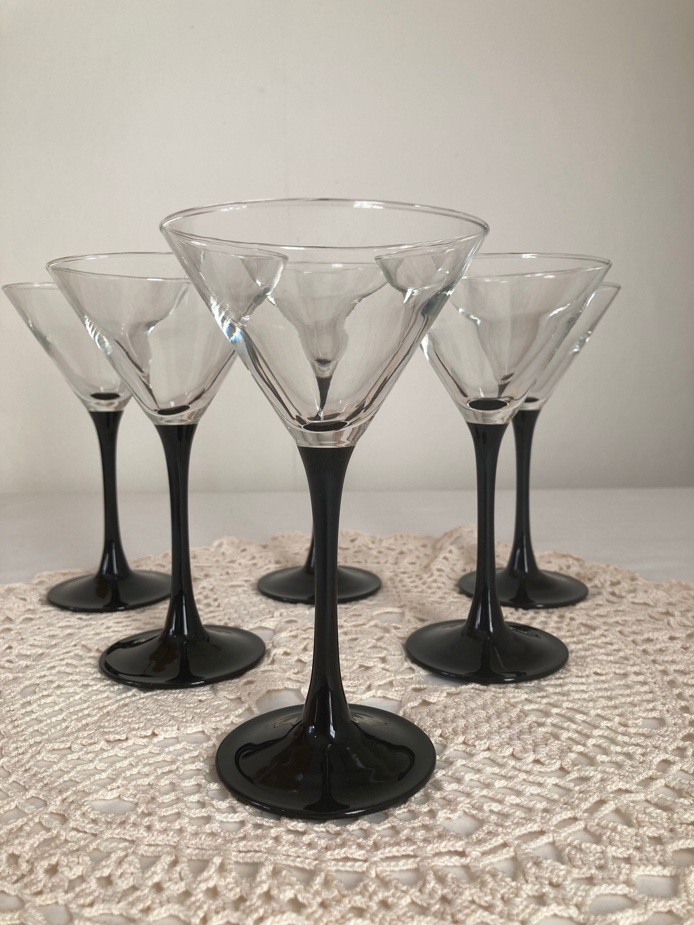 Set of 4 Beautiful Vintage Black Large Martini Glasses Clear Stem Barware