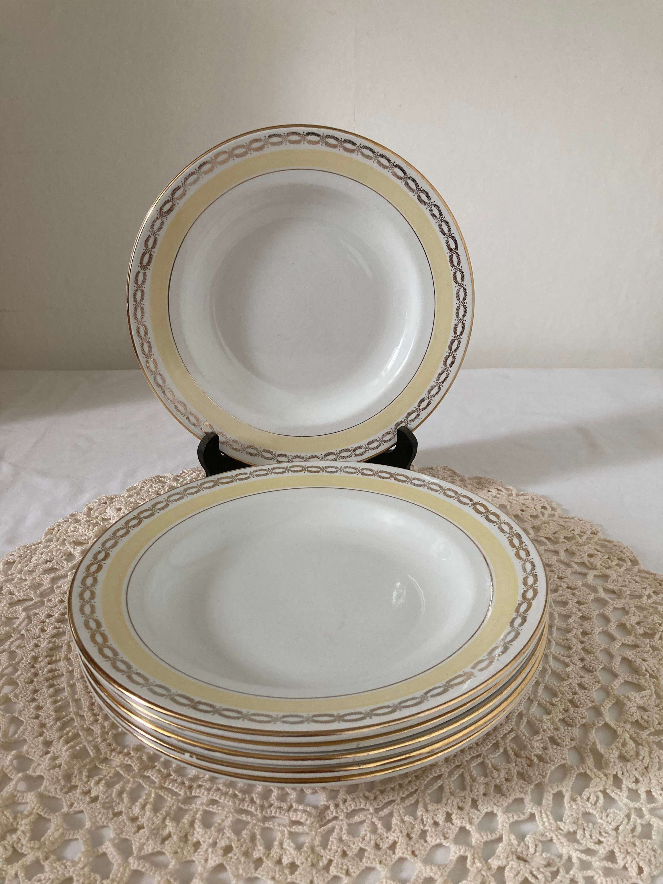 Belle Français Vintage St Amand Ensemble de Six Plaques Profondes Creuses Bols Pale Yellow Gold Cour