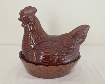 Belle Français vintage Poule Conteneur d’oeufs Stockage Poulet Oeuf Porcelaine Marron Porte-oeuf