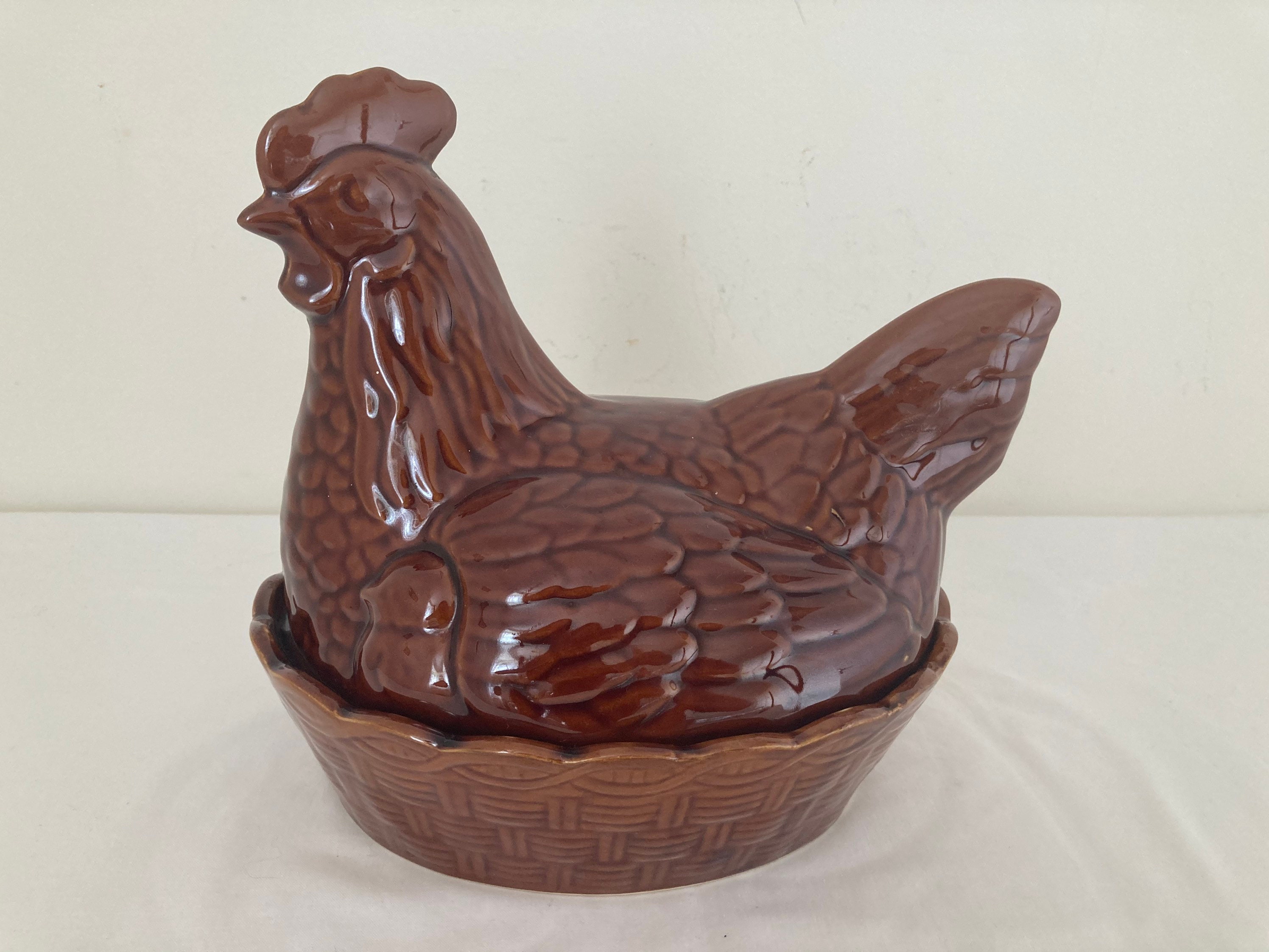 Belle Français Vintage Hen Egg Container Storage Chicken Oeuf Brown Porcelain Holder