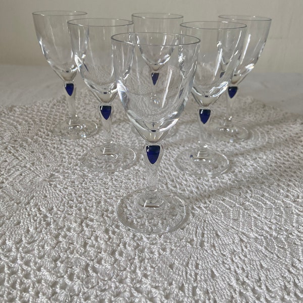 Stunning Set of 6 Cristal D’Arques-Durand Venise Saphir Genuine Lead Crystal Small Shot Glasses Liqueur Sapphire Teardrop in Stem