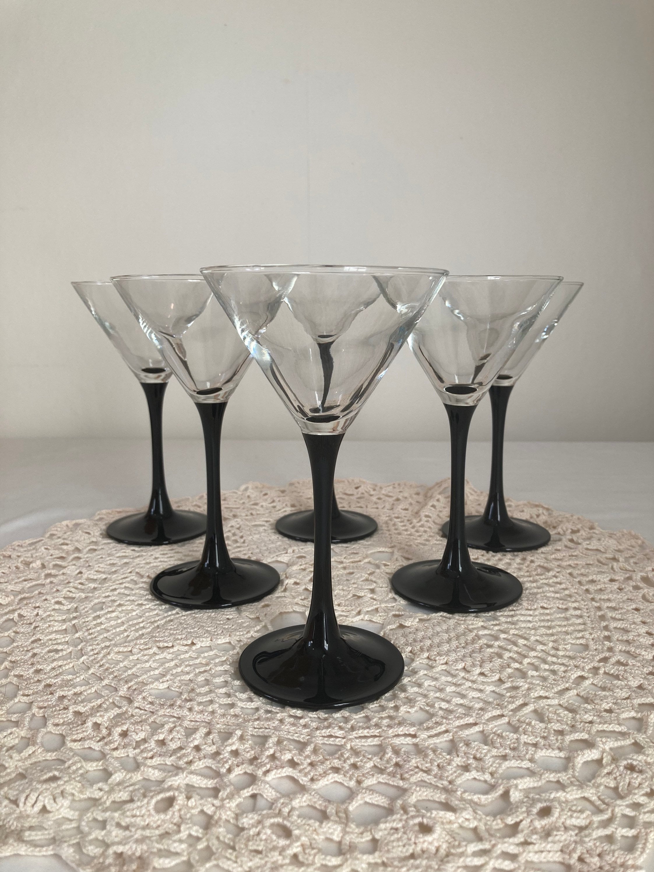 Bel Ensemble de 6 Six Français Vintage Luminarc Martini Verre à Cocktail Tige Noire