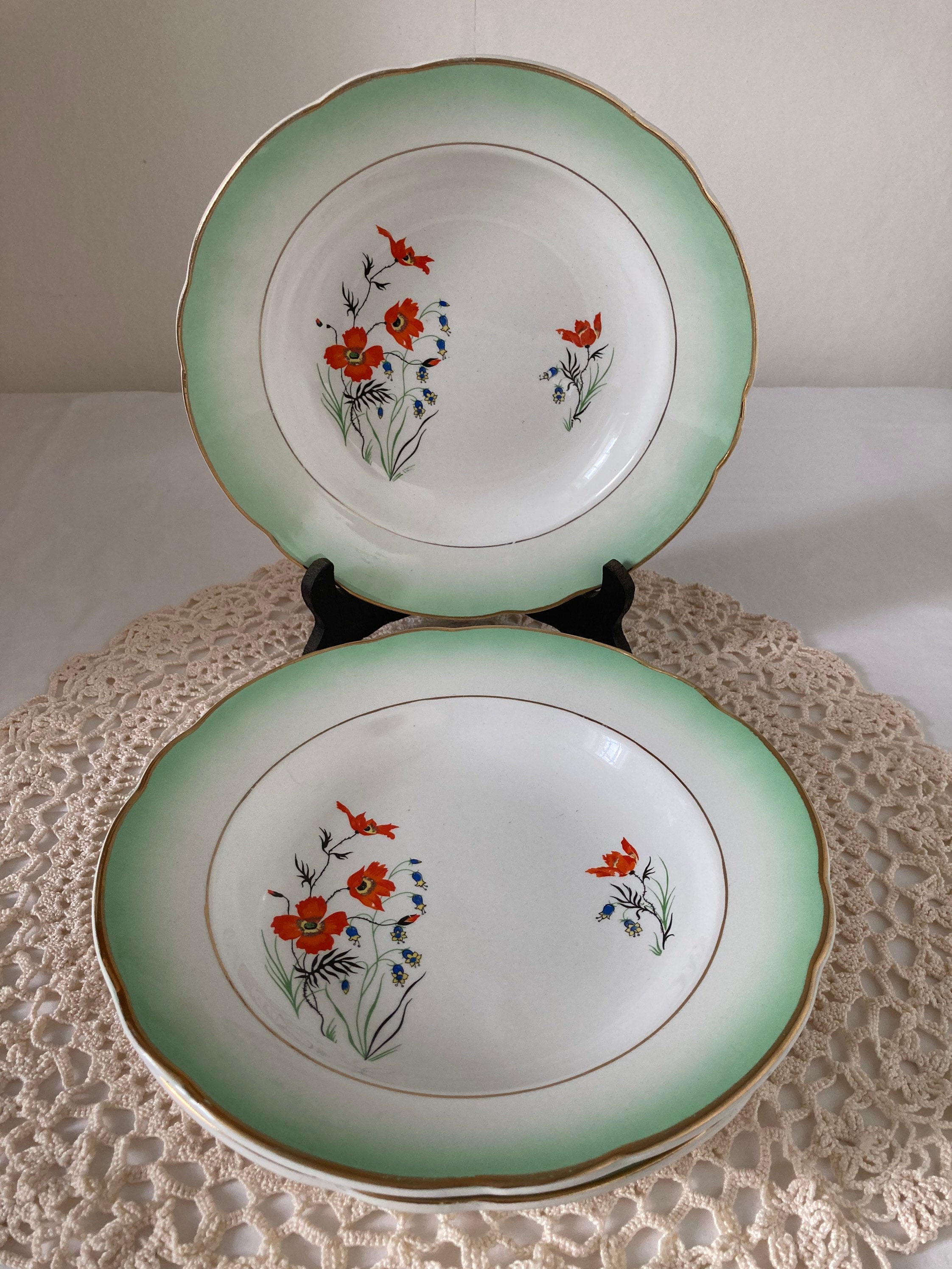 Ensemble de 3 Digoin Sarreguemines Vintage Plaques Profondes Bareges' Vert et Blanc avec Coquelicots