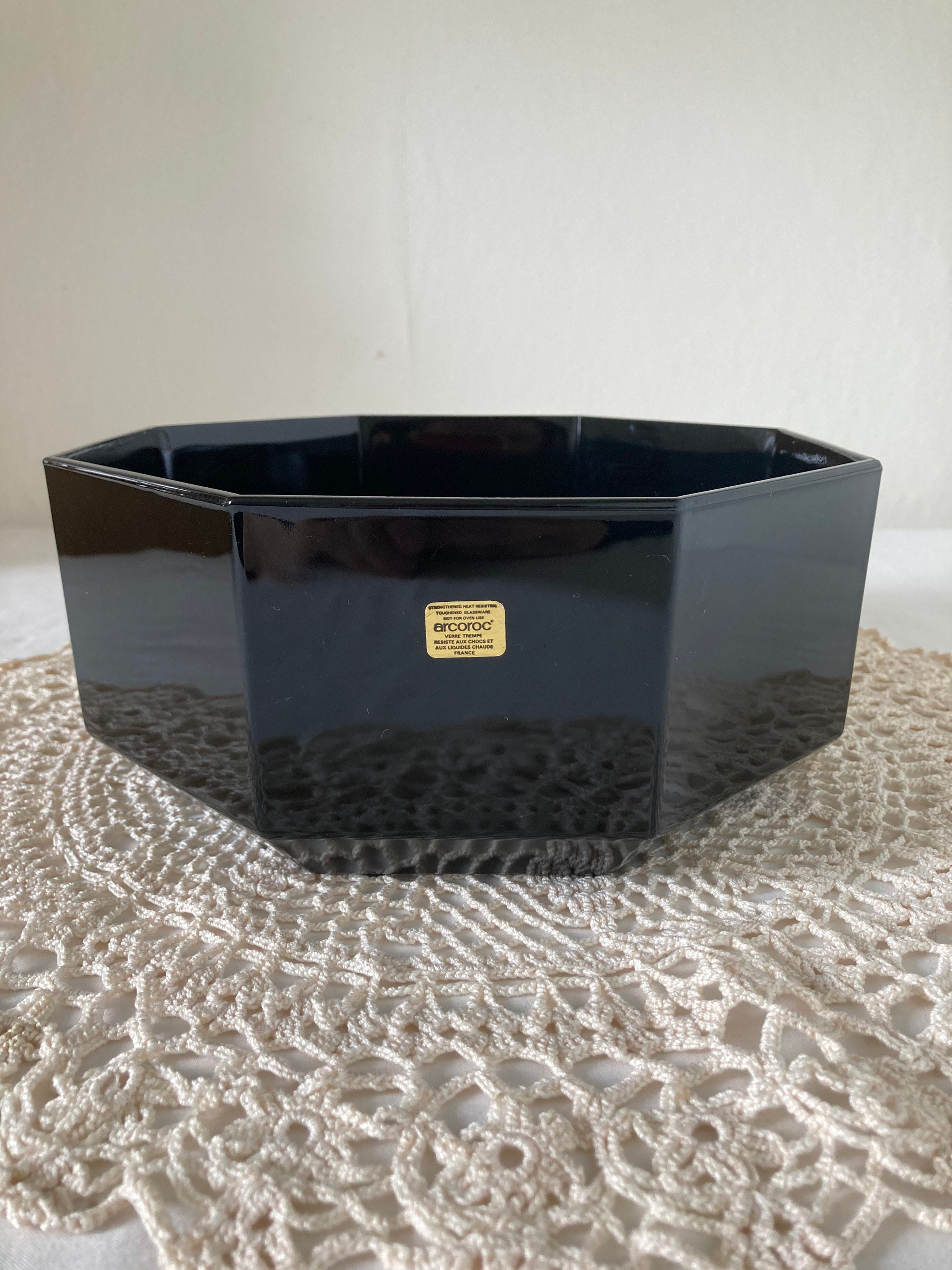 Luminarc Arcopal Français Vintage Grand Octime Octagonal Black Glass Large Serving Bowl Années 1980