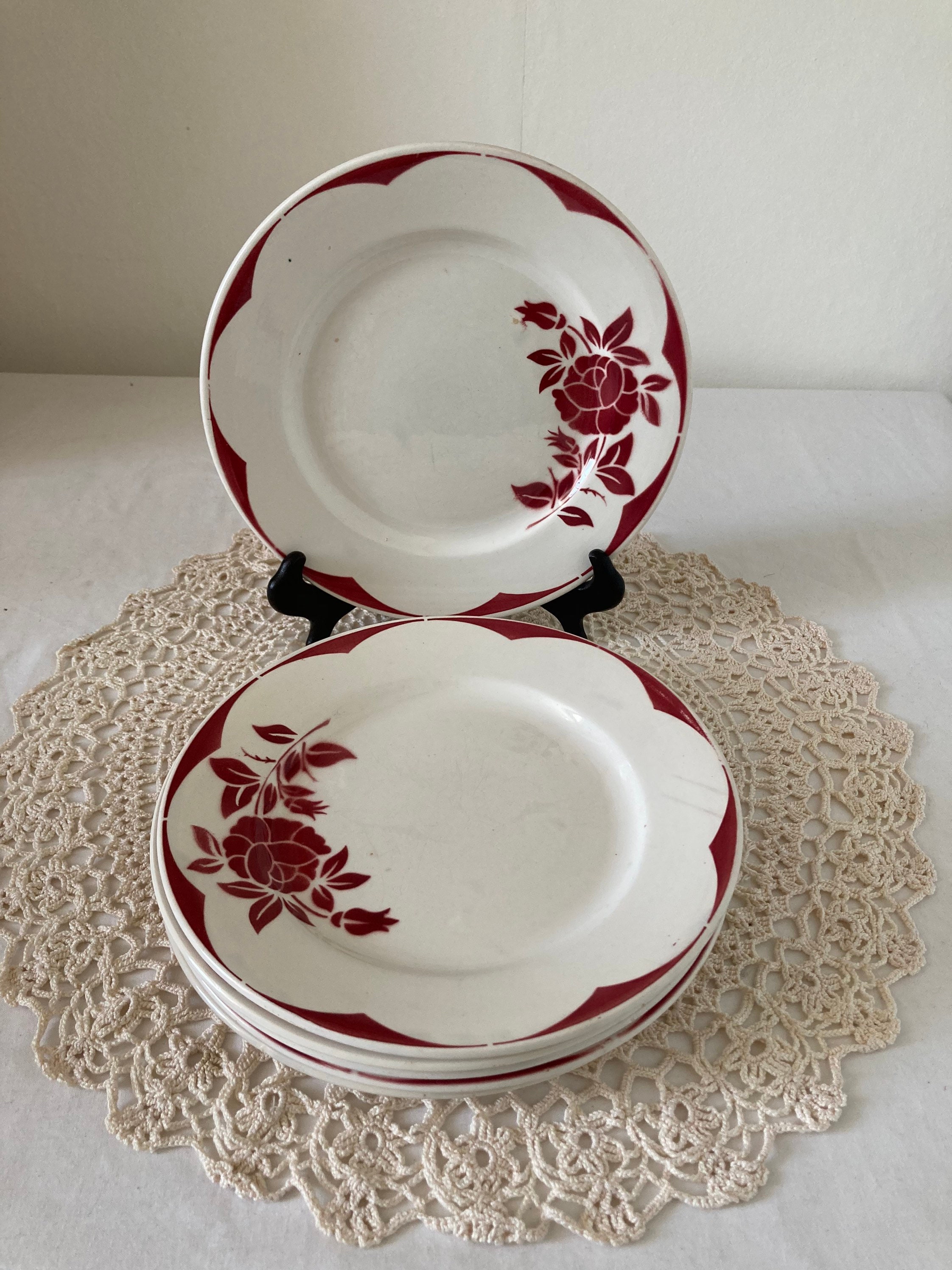 Bel Ensemble de Six Sarreguemines Corse Français Vintage Assiettes à Dîner Rose Fleur 1940's Transfe