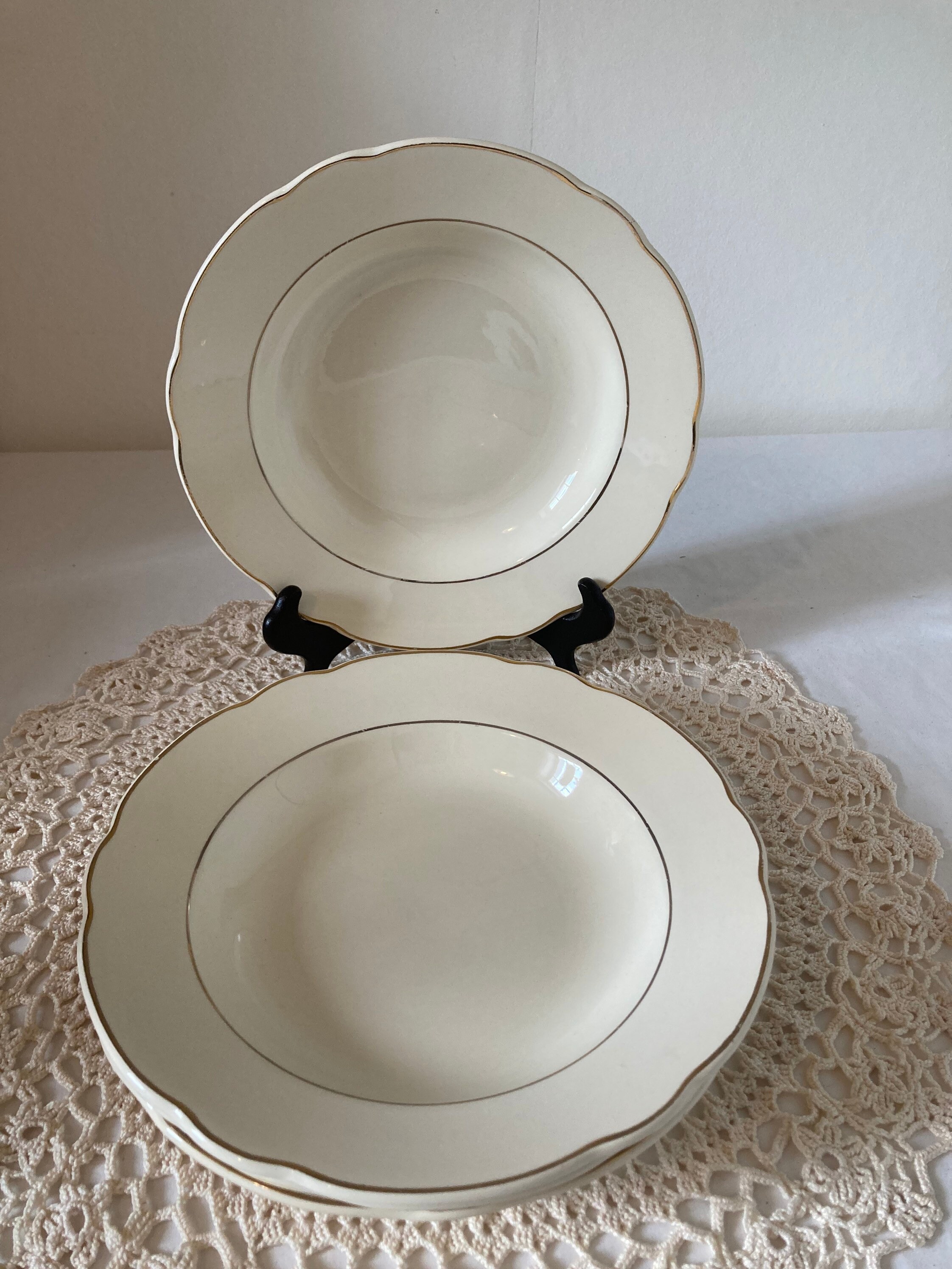 Set de 4 Digoin Sarreguemines Crème avec Garniture d'or Soupe Assiette Profonde/Salade Pâtes Assiett