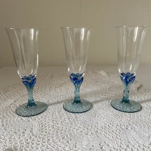 Set of 3 French Vintage Luminarc Champagne Flutes Prosecco Glasses Blue Stem Claw Tulip Stem Reflet Design Marine