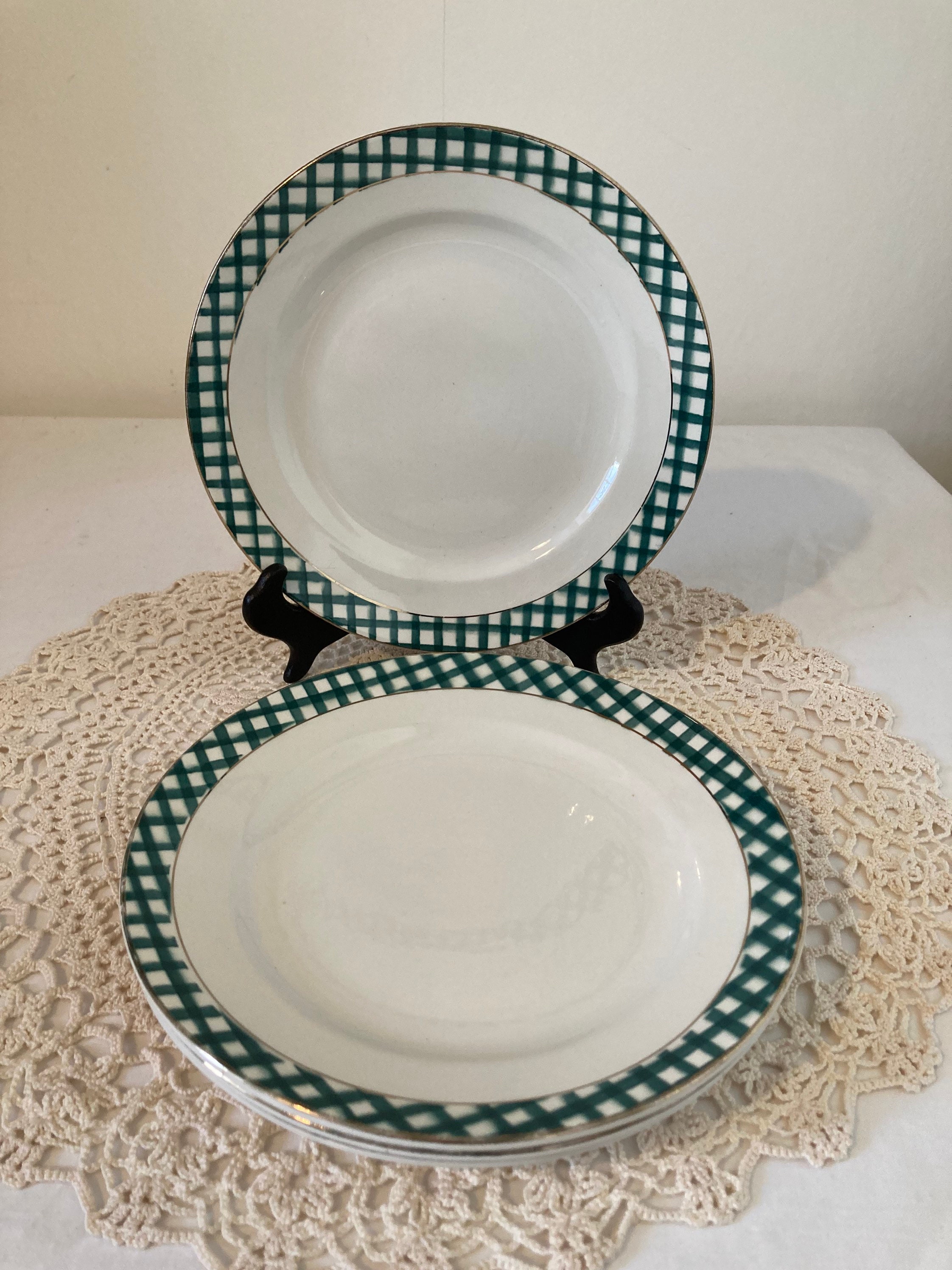 Bel Ensemble de 4 Français Vintage Sarreguemines et Digoin Ecossais Dinner Plates Tartan Vert Damere