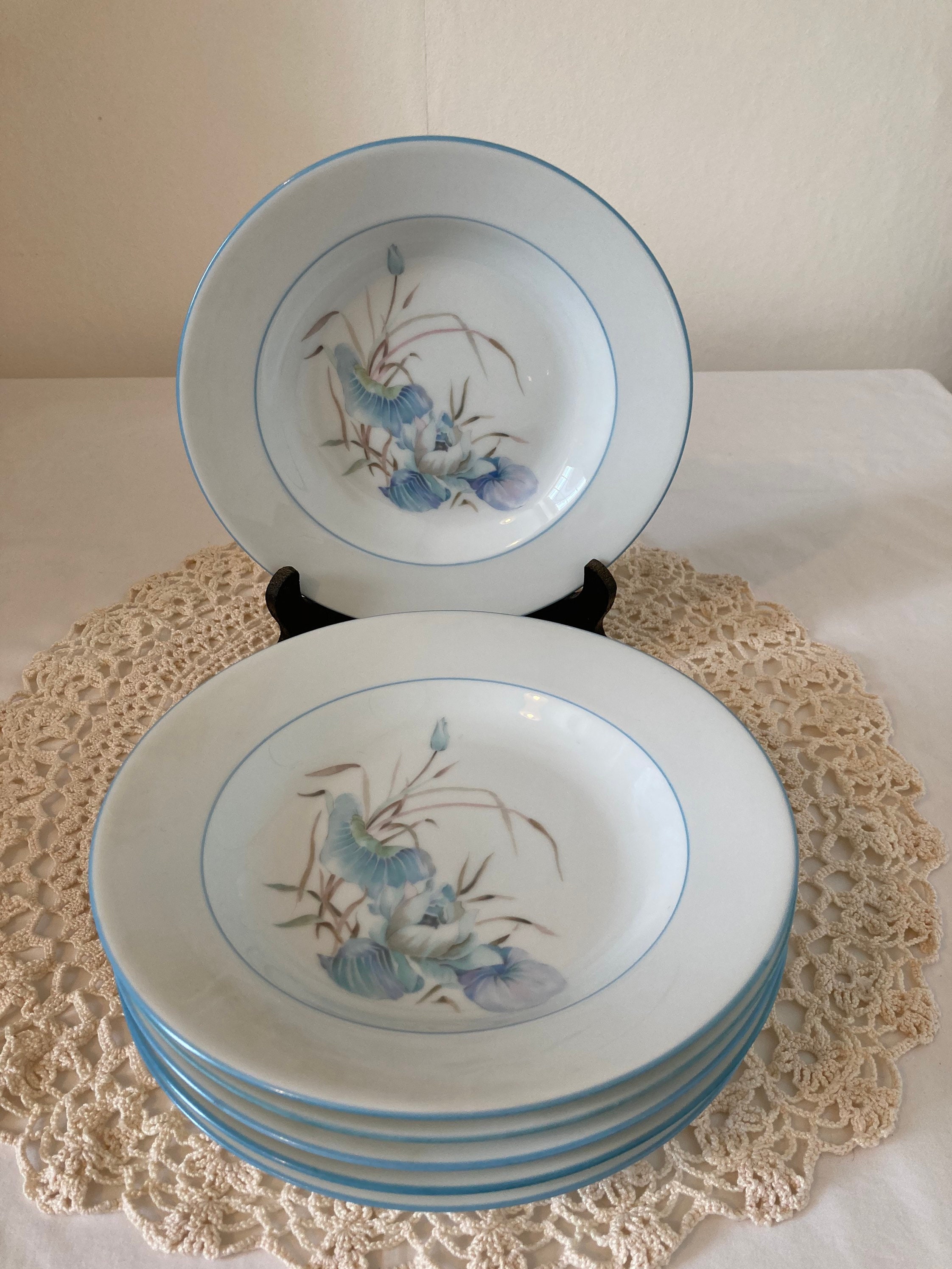 Français Vintage Limoges Chastagner et Cie Ensemble de 6 Plaques Blanches avec Fleurs Bleues Turquoi