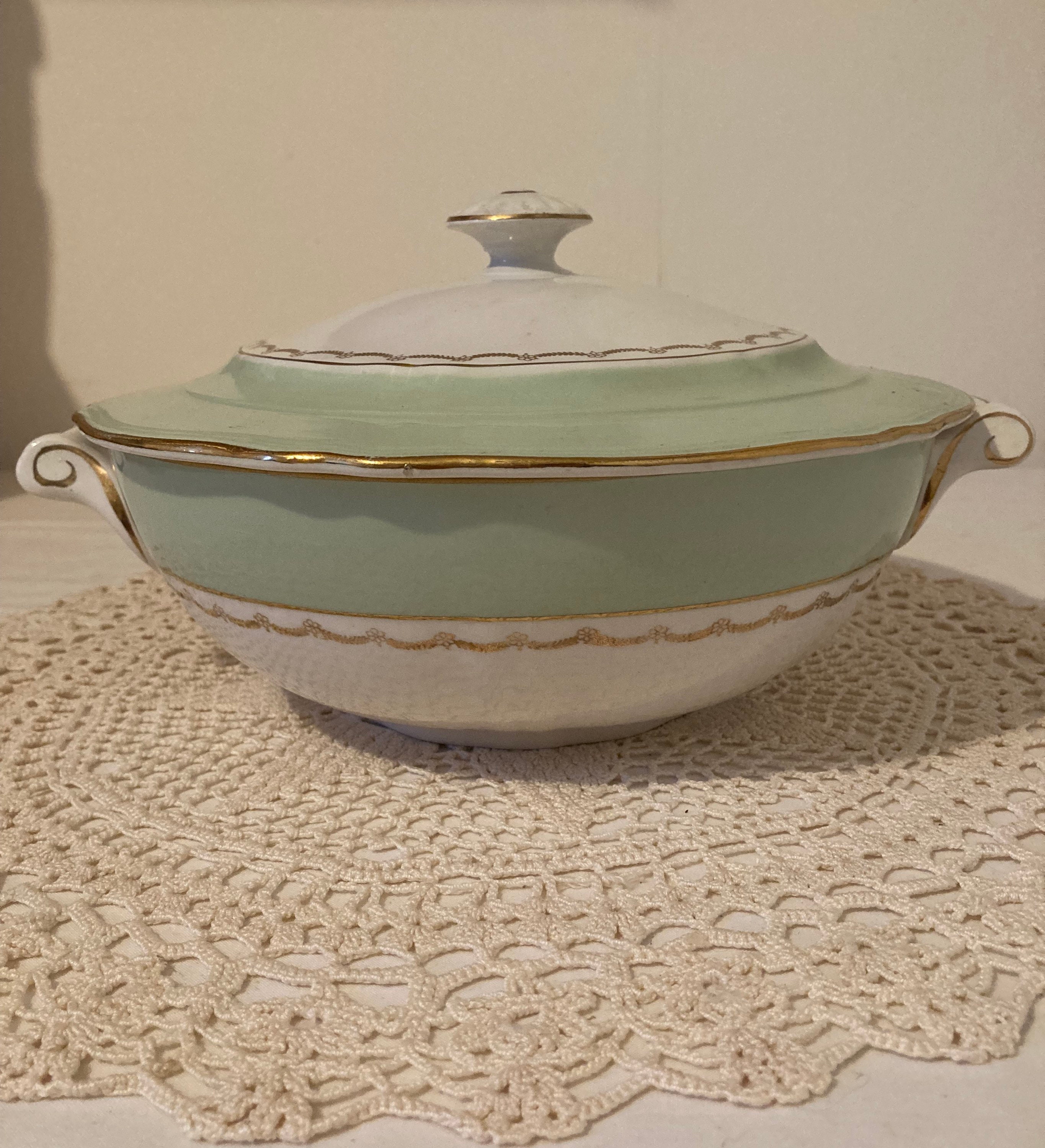 Belle L'amandinoise St Amand Cafés Nico Green & Gold Soupier Serving Bowl Casserole Des Années 1940 