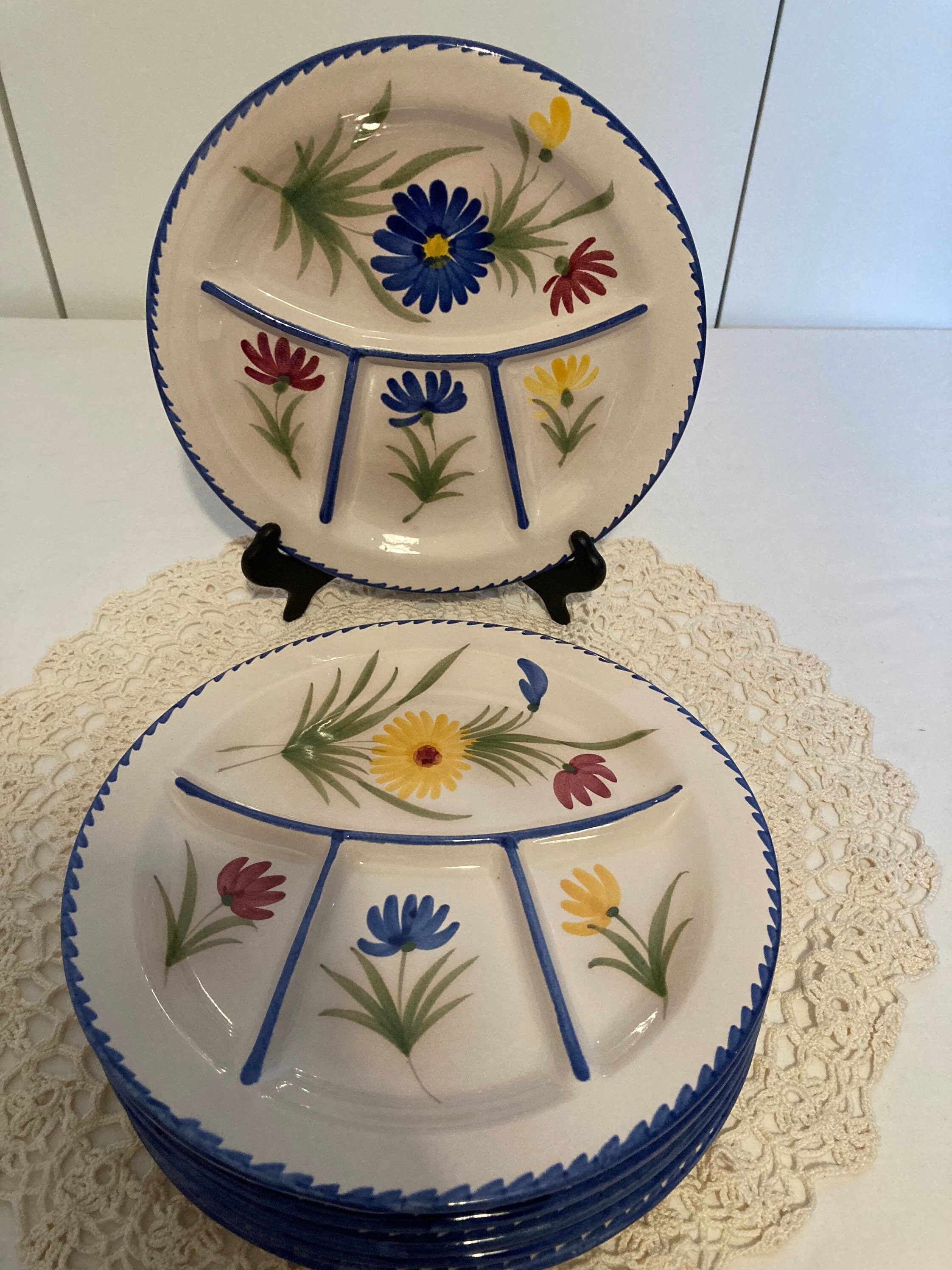 Bel Ensemble de 6 Français Vintage St Clement Fondue Plaques Divider Peintes à La Main Floral Design