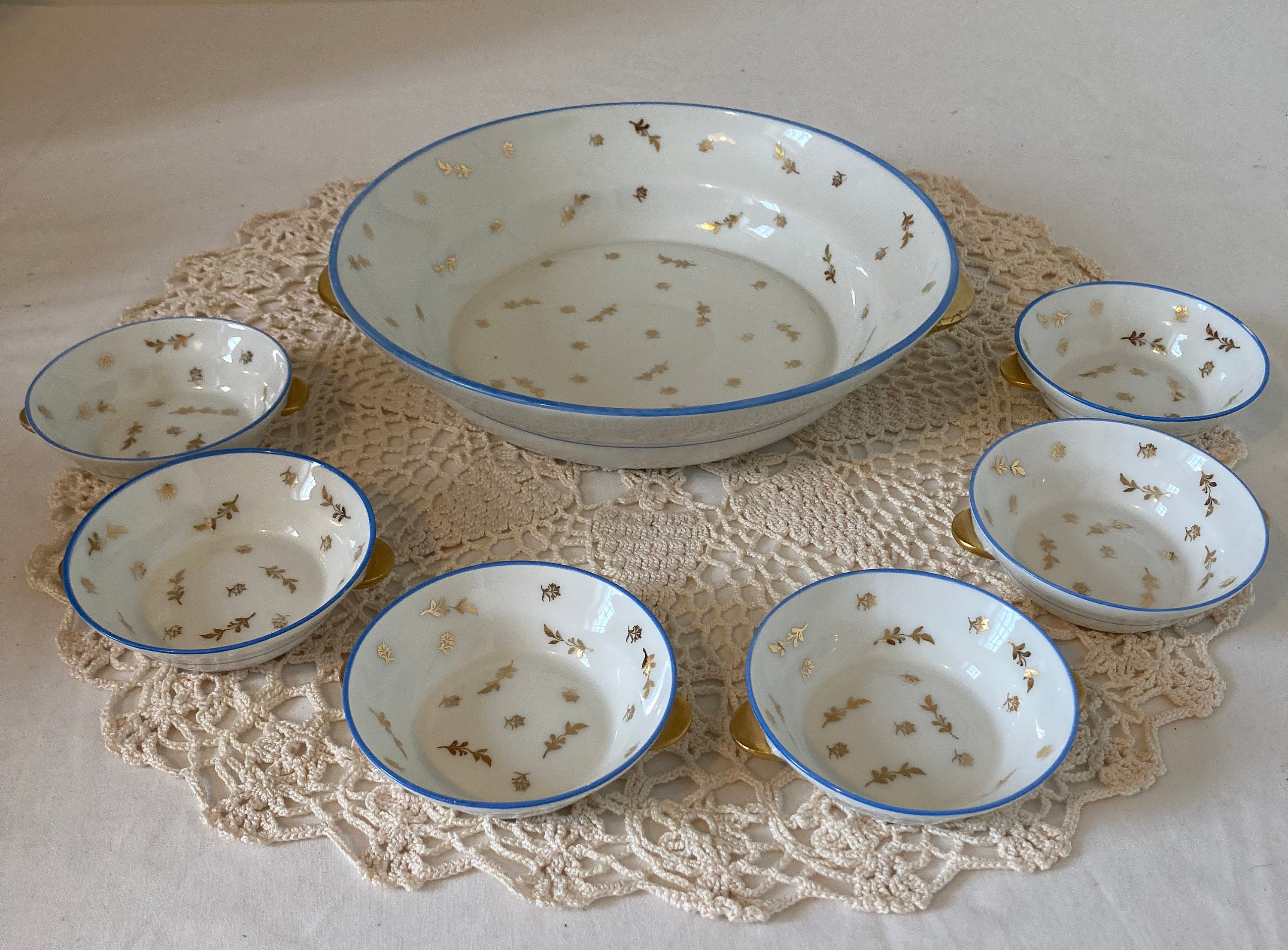 Magnifique Français Vintage Limoges Leonard Chambon Serving Bowl avec 6 Petits Bols de Baies Assorti