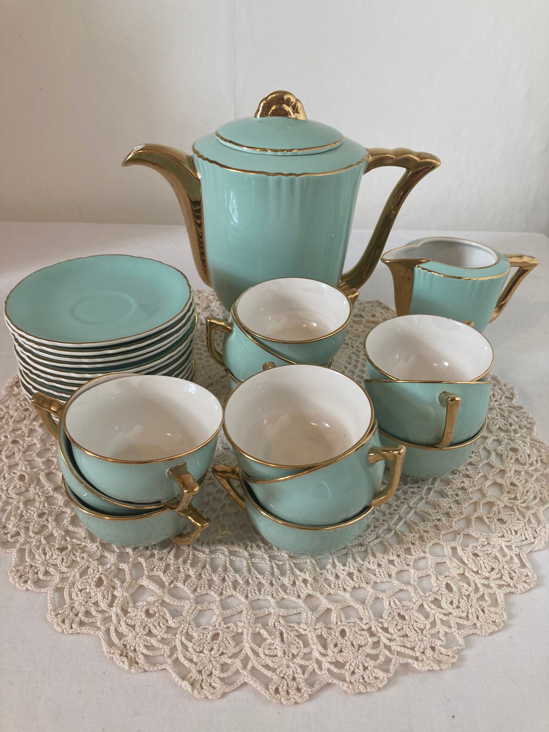 Superbe Français Vintage Orchies Moulin Des Loups Tea Set Menthe Verte et 12 X Tasses Soucoupes Milk