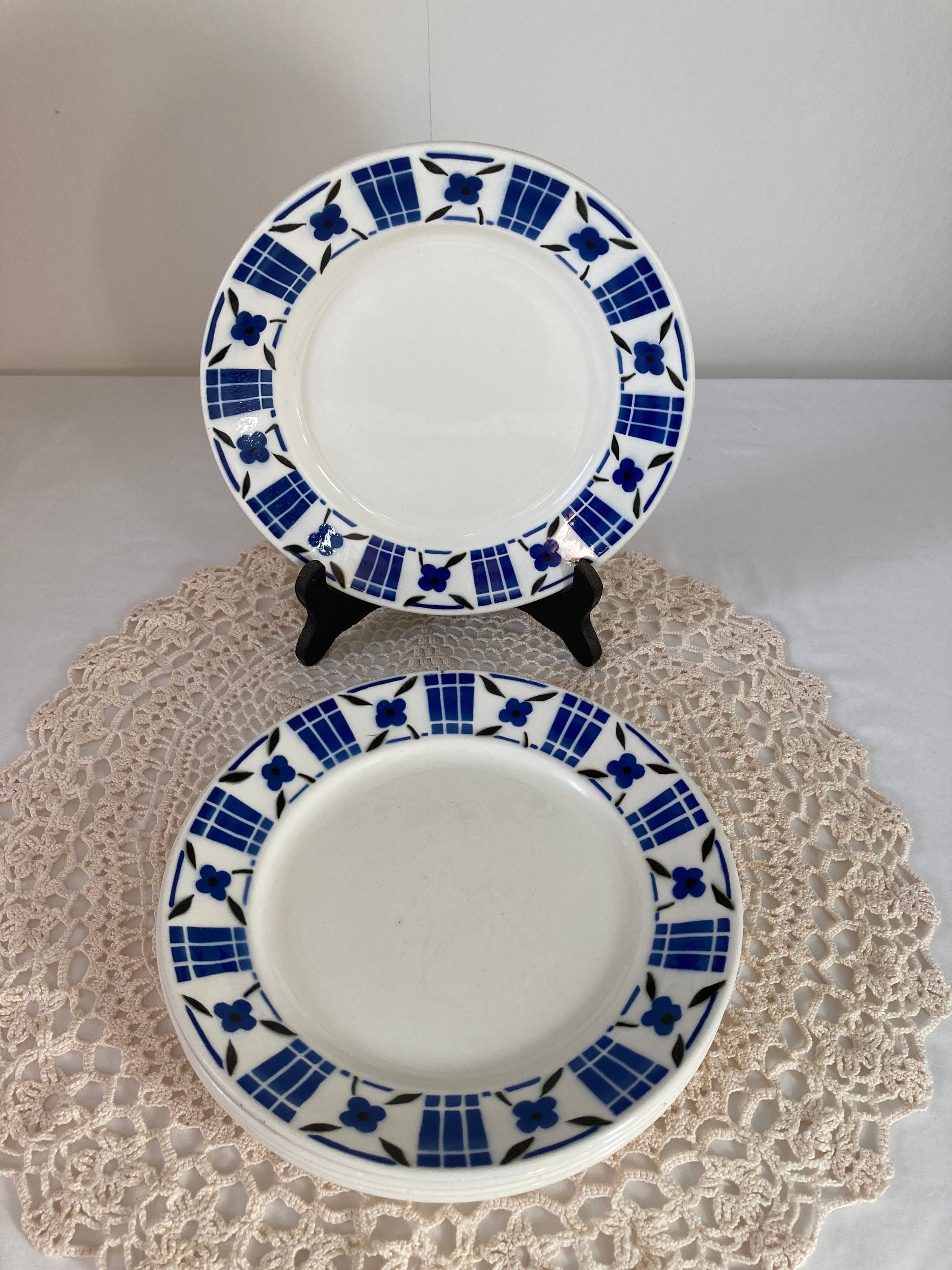 Bel Ensemble de Cinq Vf Paris Français Vintage Diner Plates Blue Flower Transfert Ware