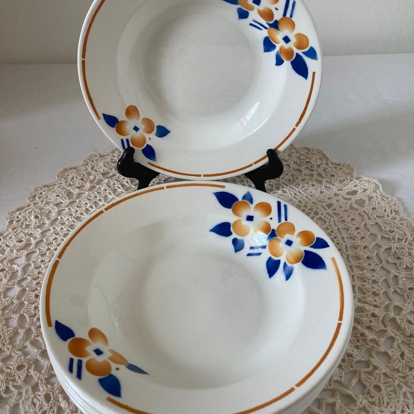 Beautiful Set of Seven French Vintage Deep Plates Hollow Plates Bowls Orange Flower Blue Leaf Transfer ware Country Faiance Mid Century