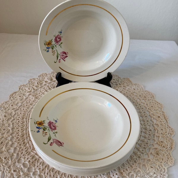 Beautiful Set of Six Badonviller French Vintage Deep Plates Hollow Plates Bowls Spring Flowers Roses Transfer ware Country Faiance Gold Rim