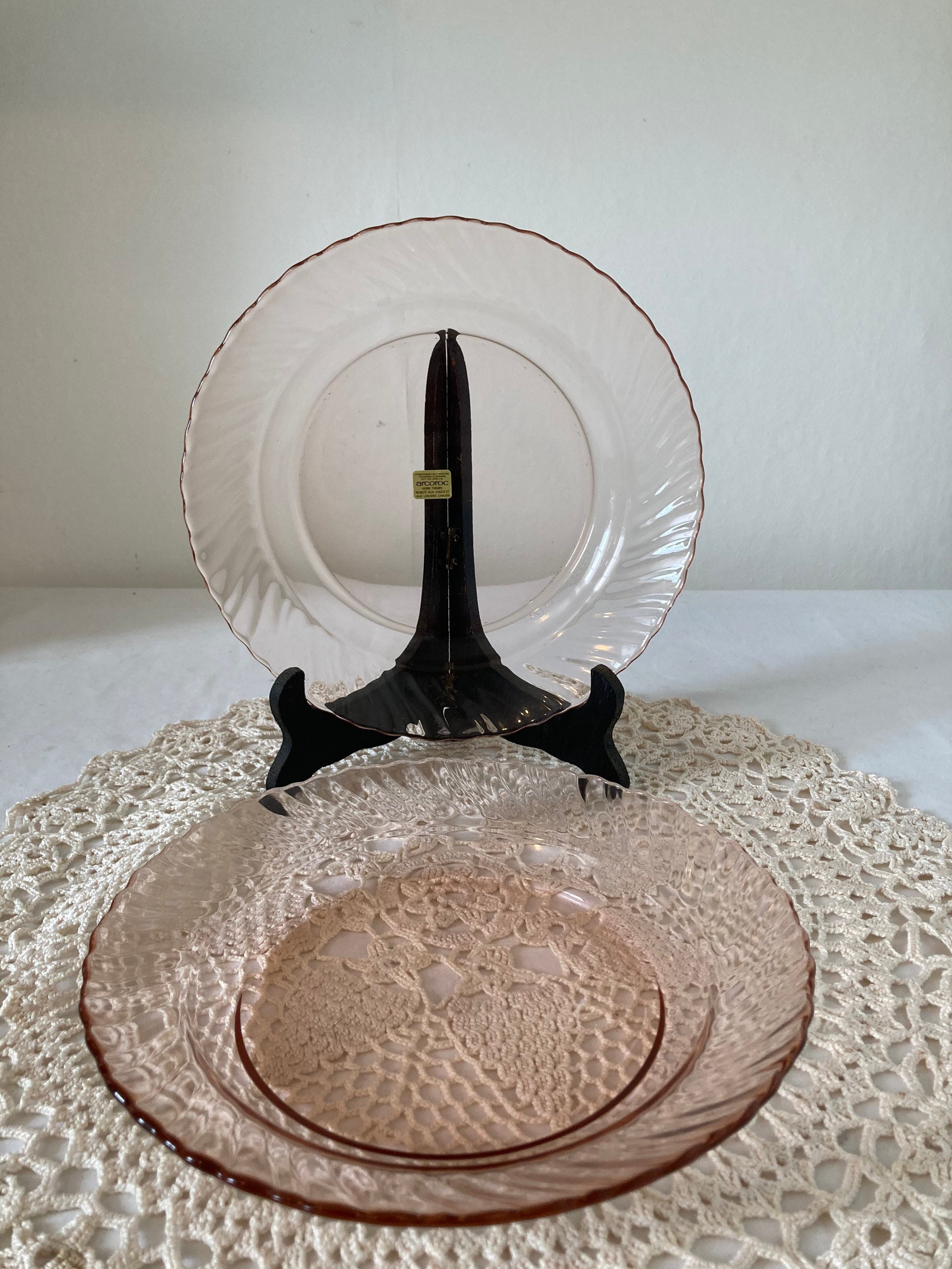 Français Paire Vintage d'arcoroc Rosaline Swirl Deep Dinner Plate Buddha Bowls Soupe Rose Verre