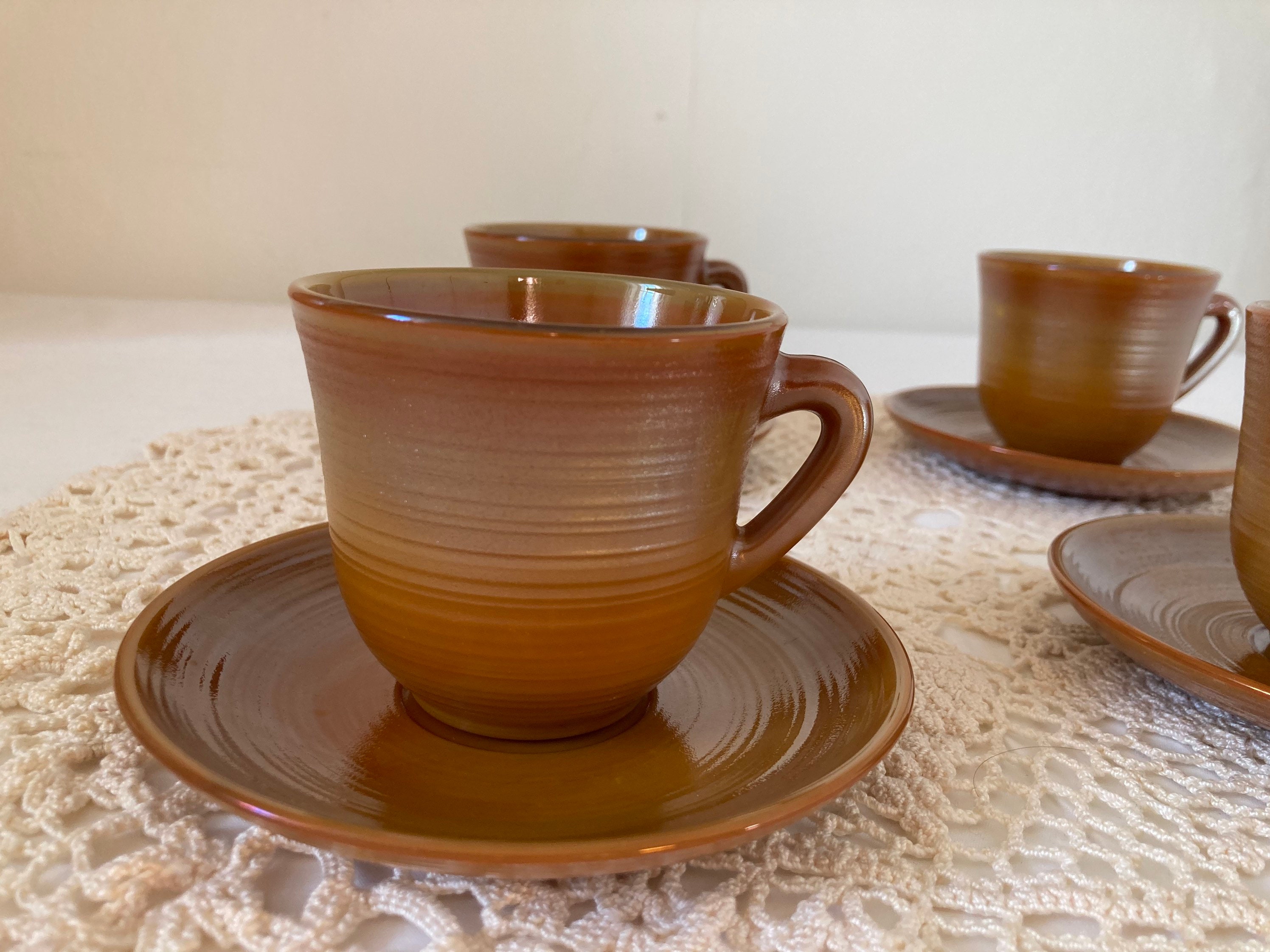 Set of 4 French Vintage Arcopal Volcan Cups and Saucers Coffee Esspresso  Tea Orange Terra-cotta Tempered Glass Retro 