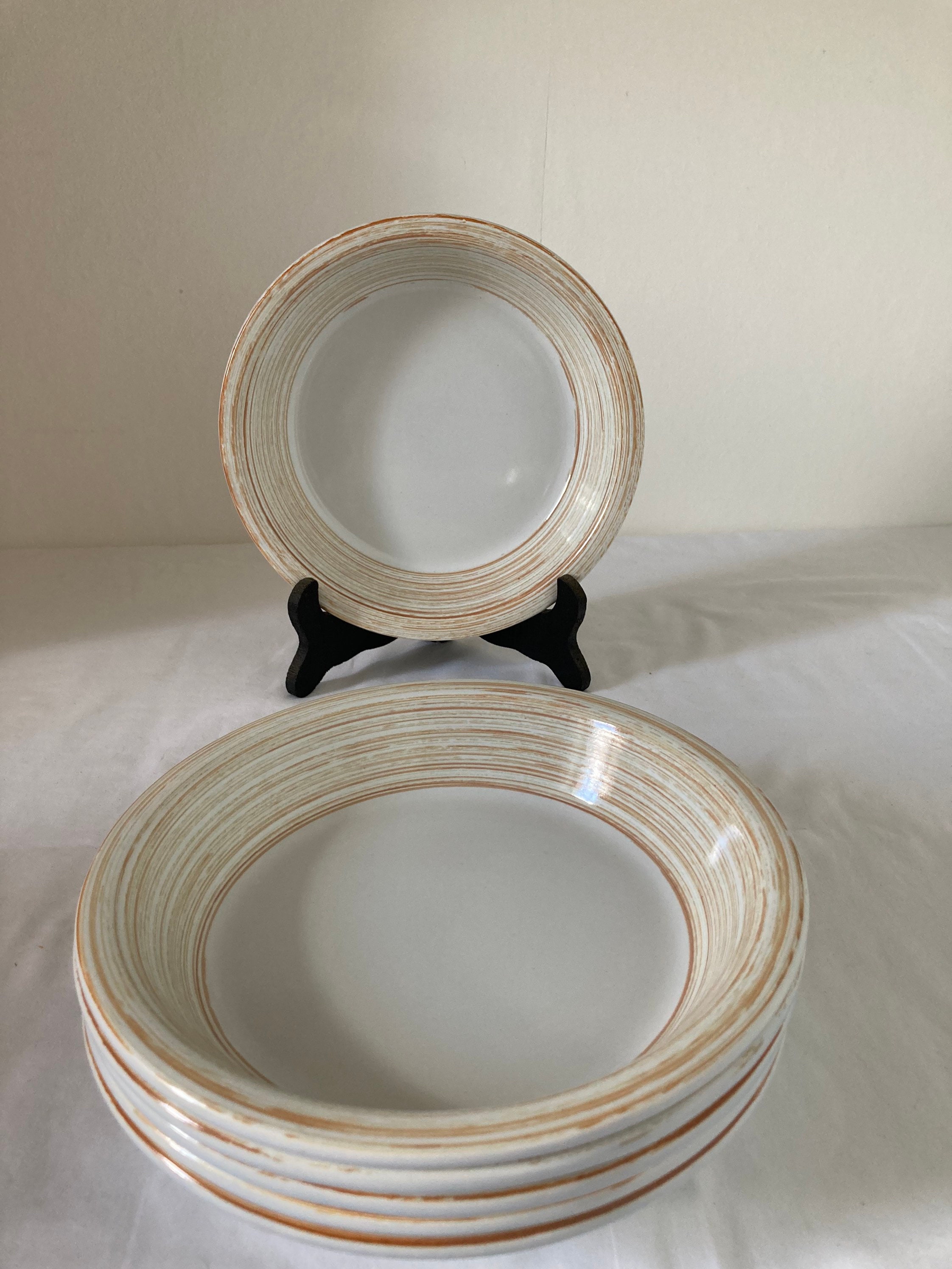 Français Salins Vintage Frehel' Ensemble de 6 Dîners Bols Mid Century Brown Ans Crème Stripes Swirls