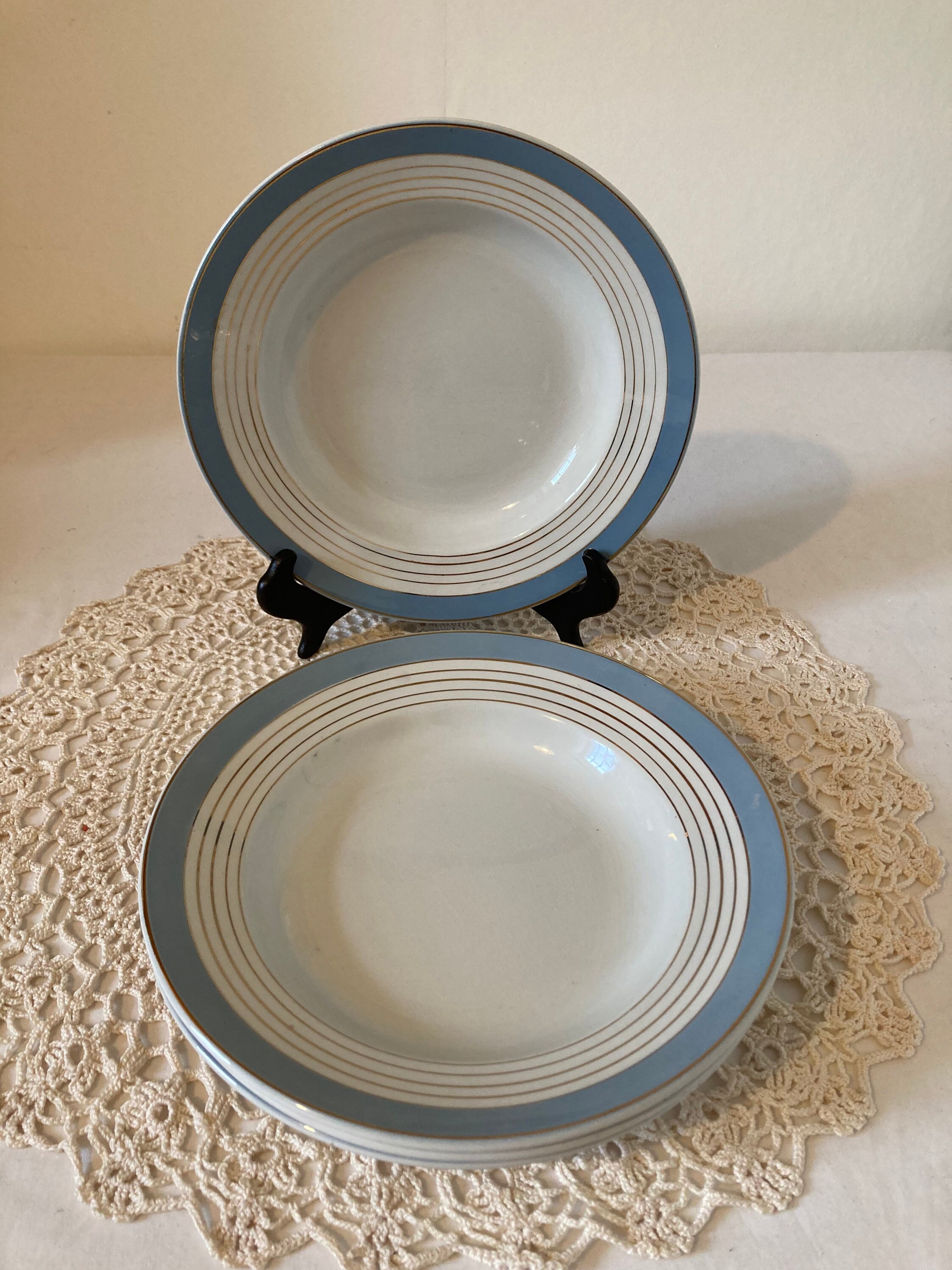 Joli Ensemble de 4 Français Début Du 20Ème Siècle Kg Luneville Deep Dinner Plates Soup Bowls Sky Blu