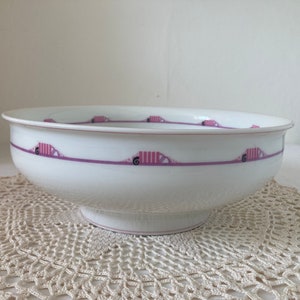 Beautiful Art Deco Limoges W Guerin Large Bowl for Display or Use. White Porcelaine with Pink and Purple Design.