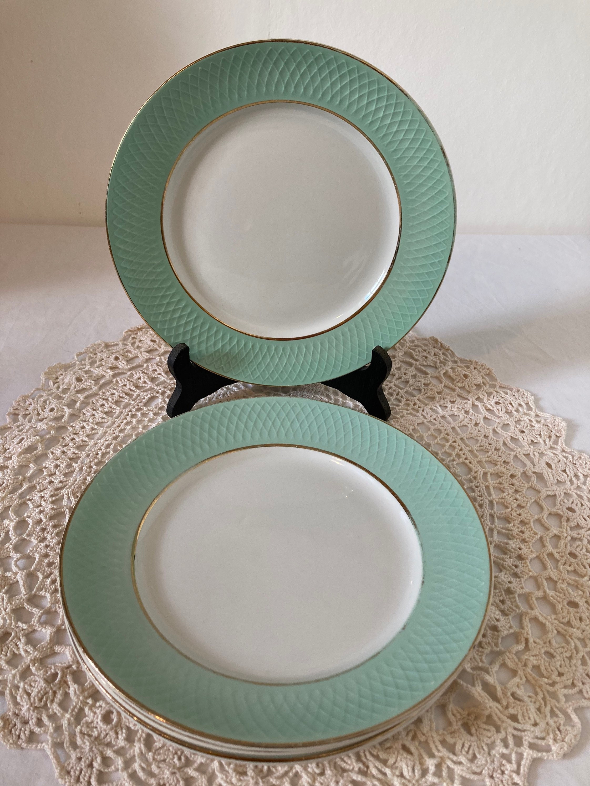Français Vintage Orchies Moulin Des Loups Set de 4 Mid Century Pale Mint Green Border Assiettes avec