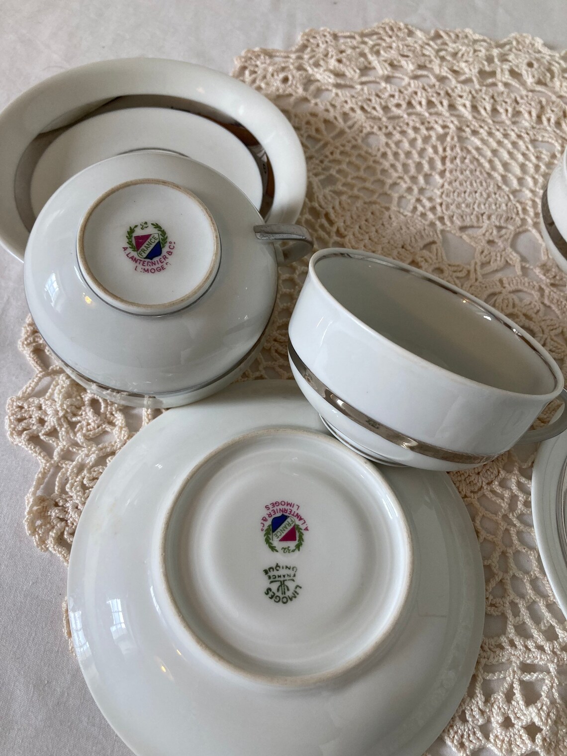 Set of 4 Limoges Cups and Saucers White Porcelain With Silver Etsy