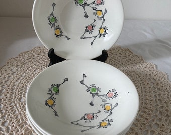 French Vintage Gien Tourbillon Set of 4 Dinner Bowls Flower Floral Design Glazed 1960’s