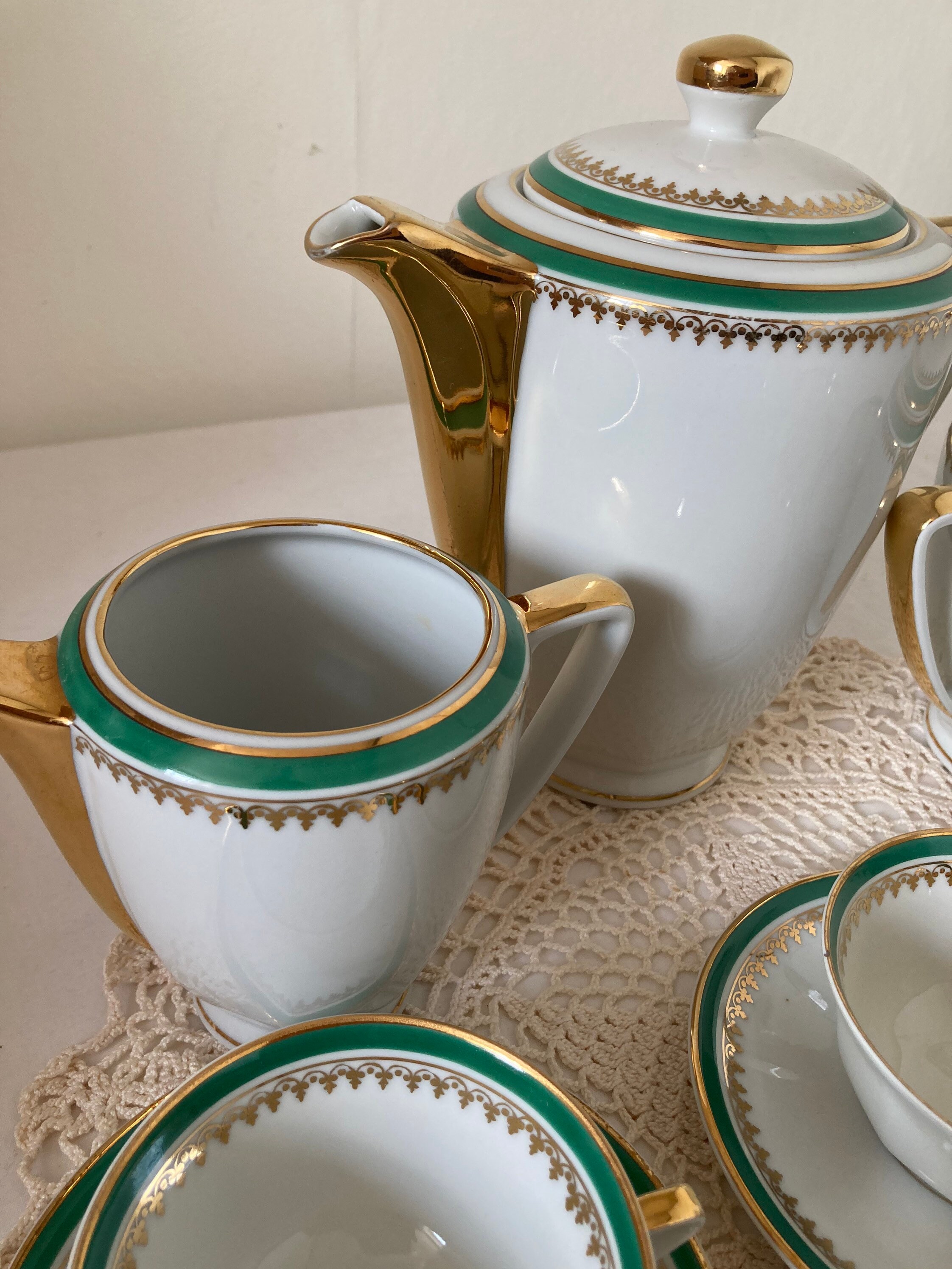 Stunning French Vintage Limoges Tea Set Green gold and White 6 Etsy