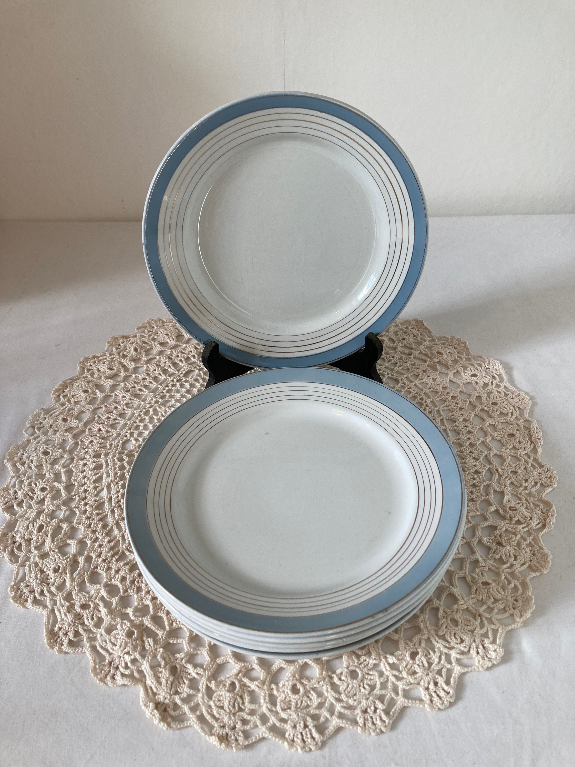 Joli Ensemble de 6 Français Début Du 20Ème Siècle Kg Luneville Dinner Plates Sky Blue et Gold Trim