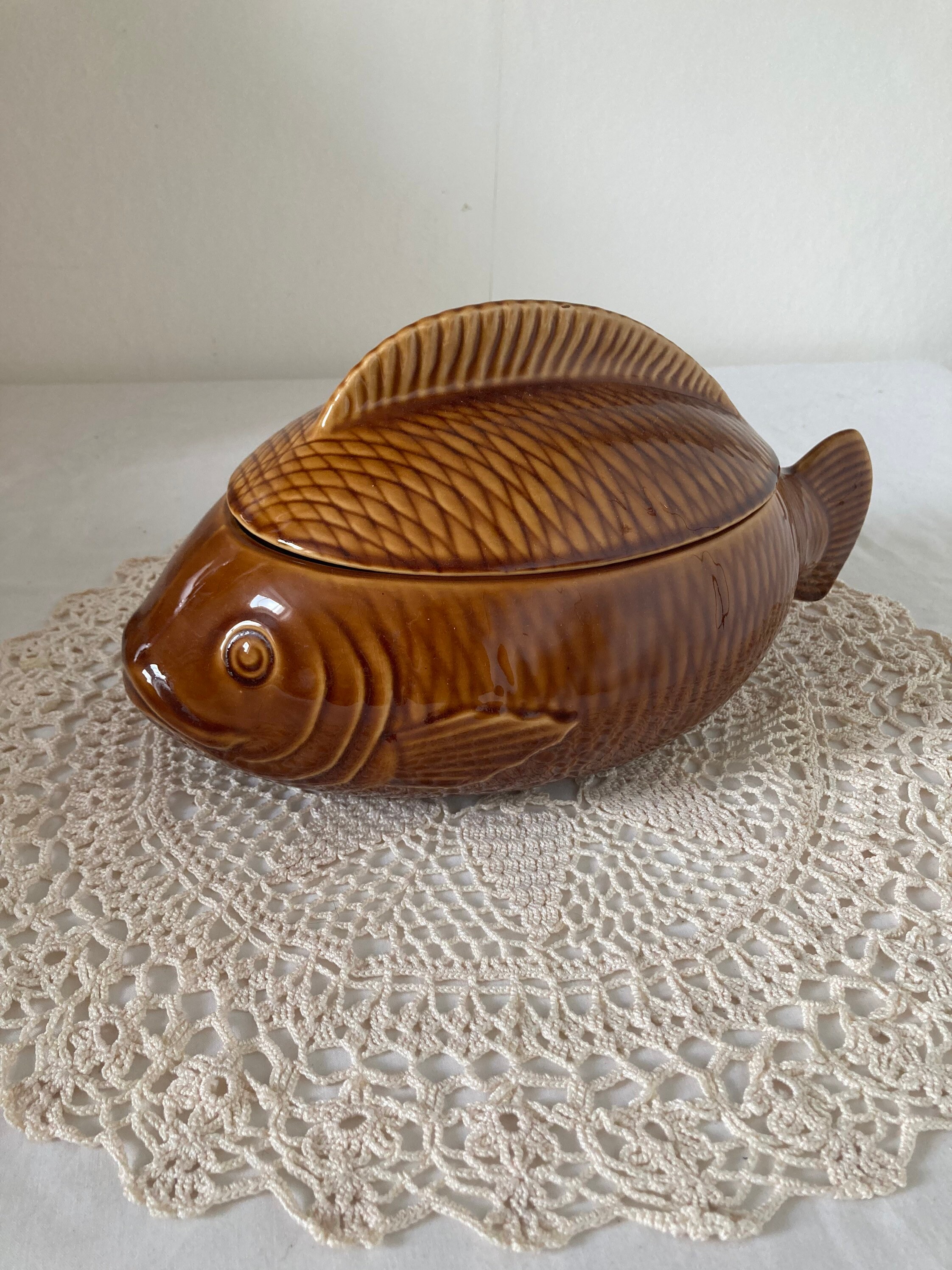 Belle Français Vintage Sarreguemines Majolica Poisson en Forme Soupe Tureen Soupier Lidded Serving B