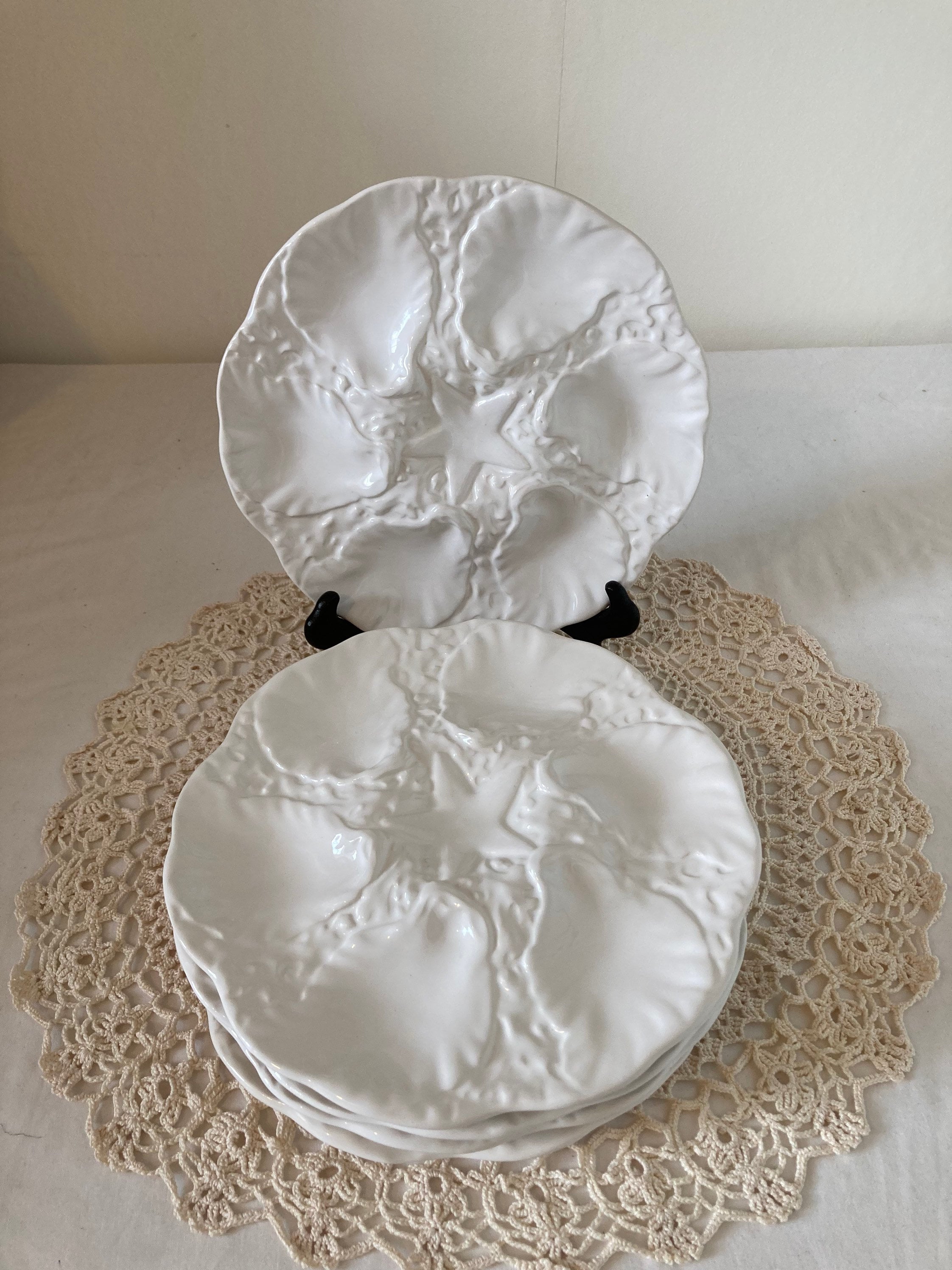 Ensemble de 5 Assiettes d'huîtres Vintage Servant Un Espace Plateau Pour 6 Huîtres sur Porcelaine Bl