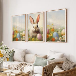 Conjunto de 3 pôsteres de coelhinhos da Páscoa, arte de parede de coelho da primavera em 3 peças, decoração de parede de Páscoa para imprimir, download digital.