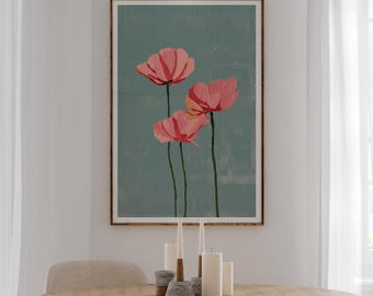 Modern Pink poppy flower art print, minimalist abstract poppies poster, digital download