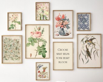 Puede incluir: Una pared de galería con nueve impresiones enmarcadas que presentan ilustraciones botánicas, pájaros y una cita que dice "Elige lo que ayuda a tu corazón a florecer".