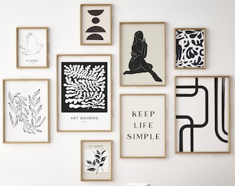 Gallery prints set of 9, black and white gallery wall set, modern abstract posters, printable wall art
