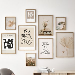 Neutral Gallery wall set, Boho set of 9 prints, modern gallery prints, printable wall art